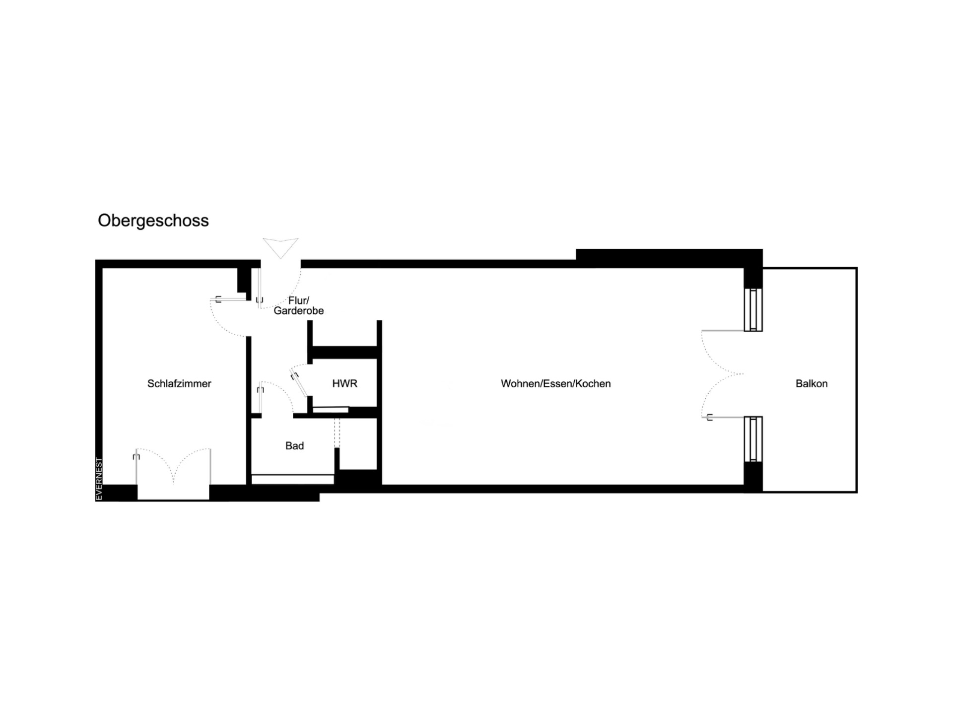 Grundriss eines Obergeschosses mit Schlafzimmer, Bad, HWR, Flur, Wohnbereich und Balkon.