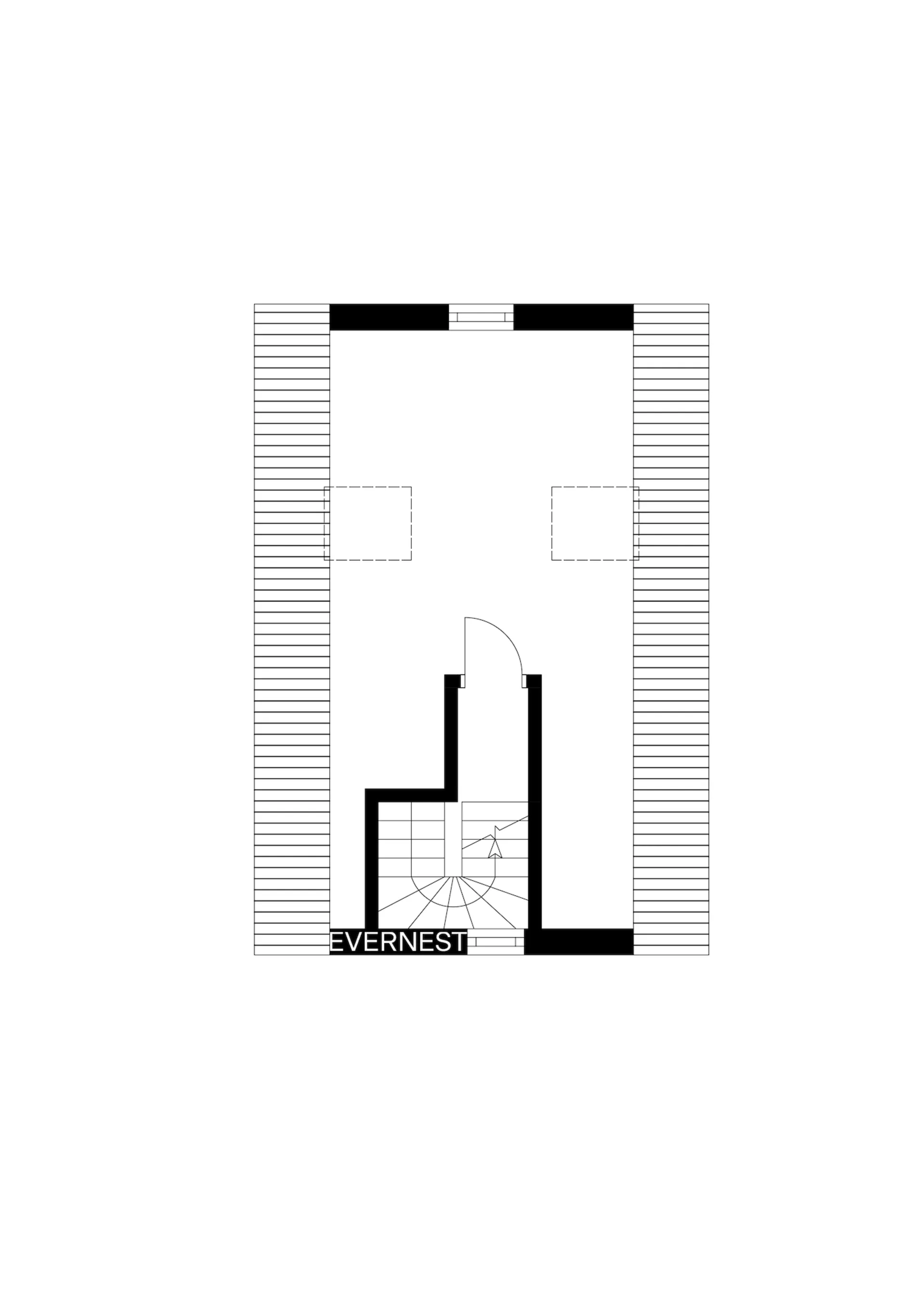 Grundriss eines Raums mit Treppe in der Mitte und zwei markierten Flächen.