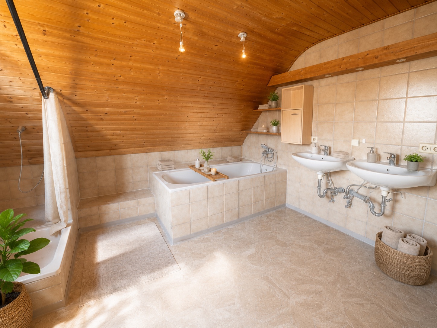 Helles Badezimmer mit Dachschräge, Badewanne, Dusche, zwei Waschbecken und Pflanzen.
