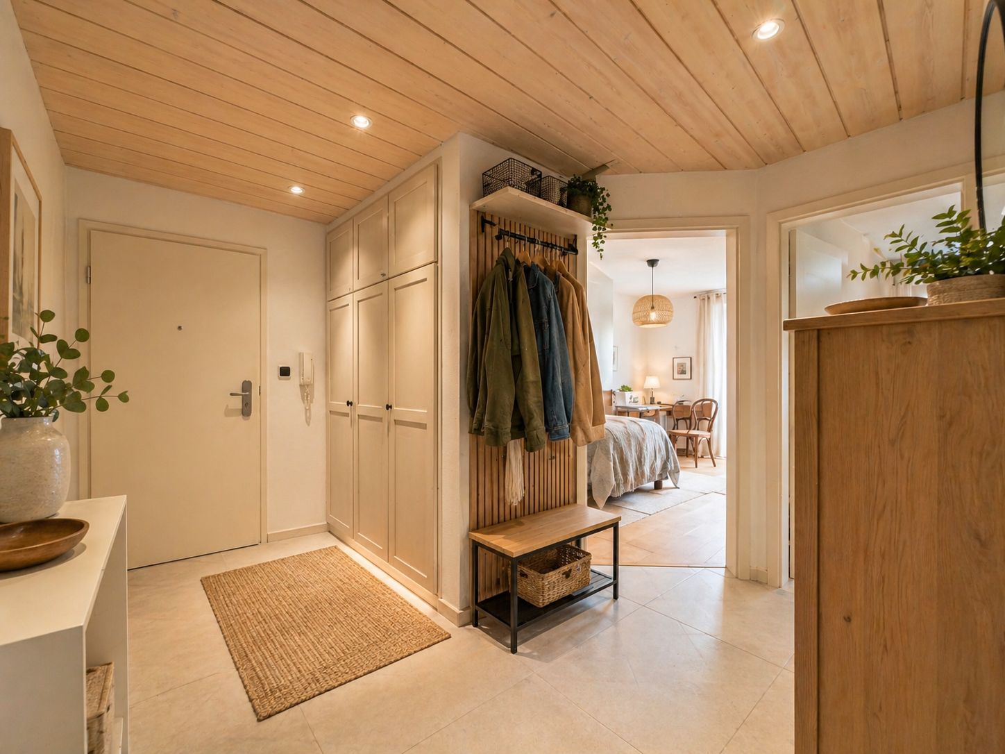 Heller Flur mit Garderobe, Kleiderschrank und Blick in ein Schlafzimmer mit Bett.