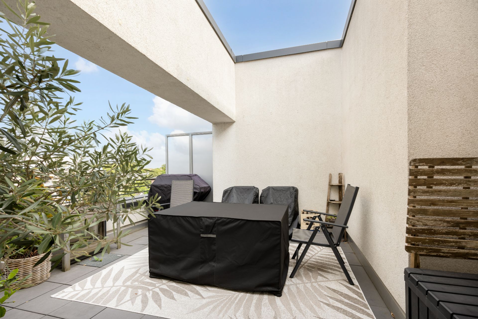Moderne Terrasse mit Pflanzen, Gartenmöbeln und Abdeckung, helle Wände und blauer Himmel sichtbar.