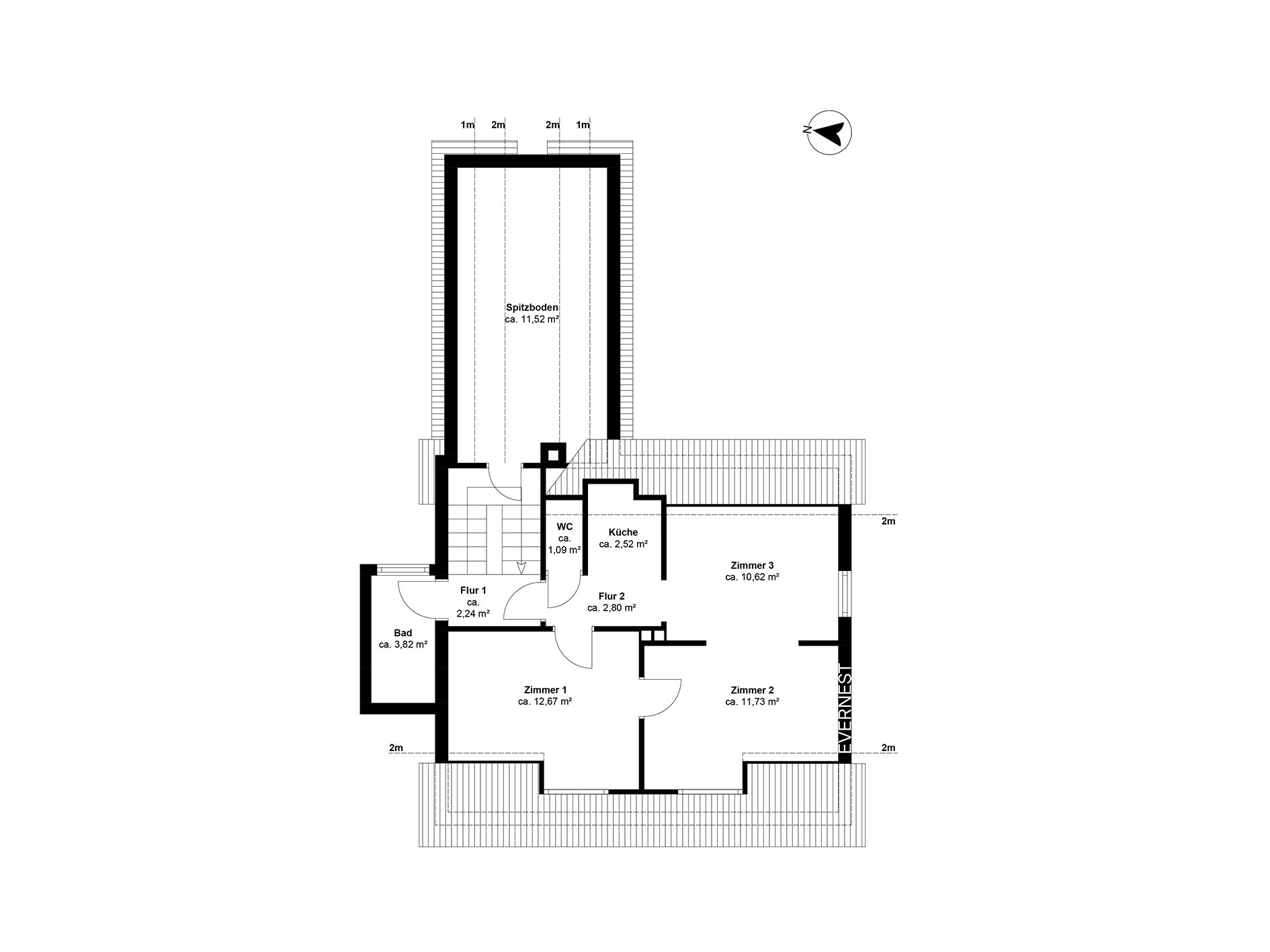 Grundriss einer Wohnung mit drei Zimmern, Küche, Bad und Spitzboden.