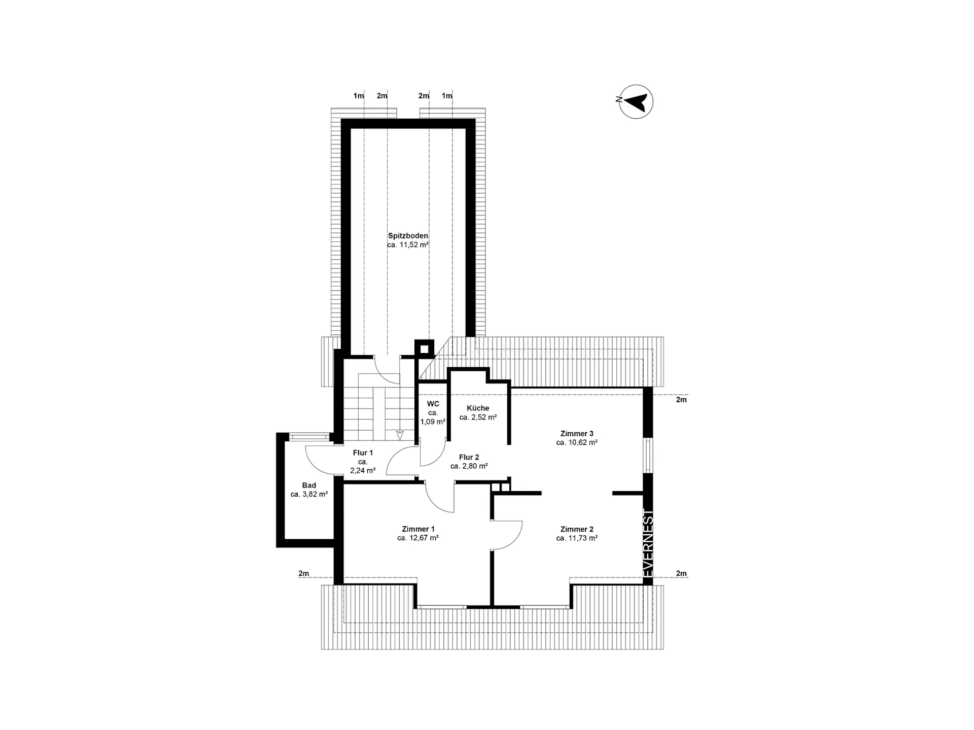 Grundriss einer Wohnung mit drei Zimmern, Küche, Bad und Spitzboden.
