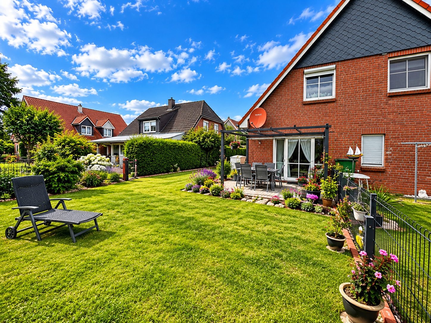 Gepflegter Garten mit Terrasse, Gartenmöbeln und Liegestuhl an einem roten Backsteinhaus.