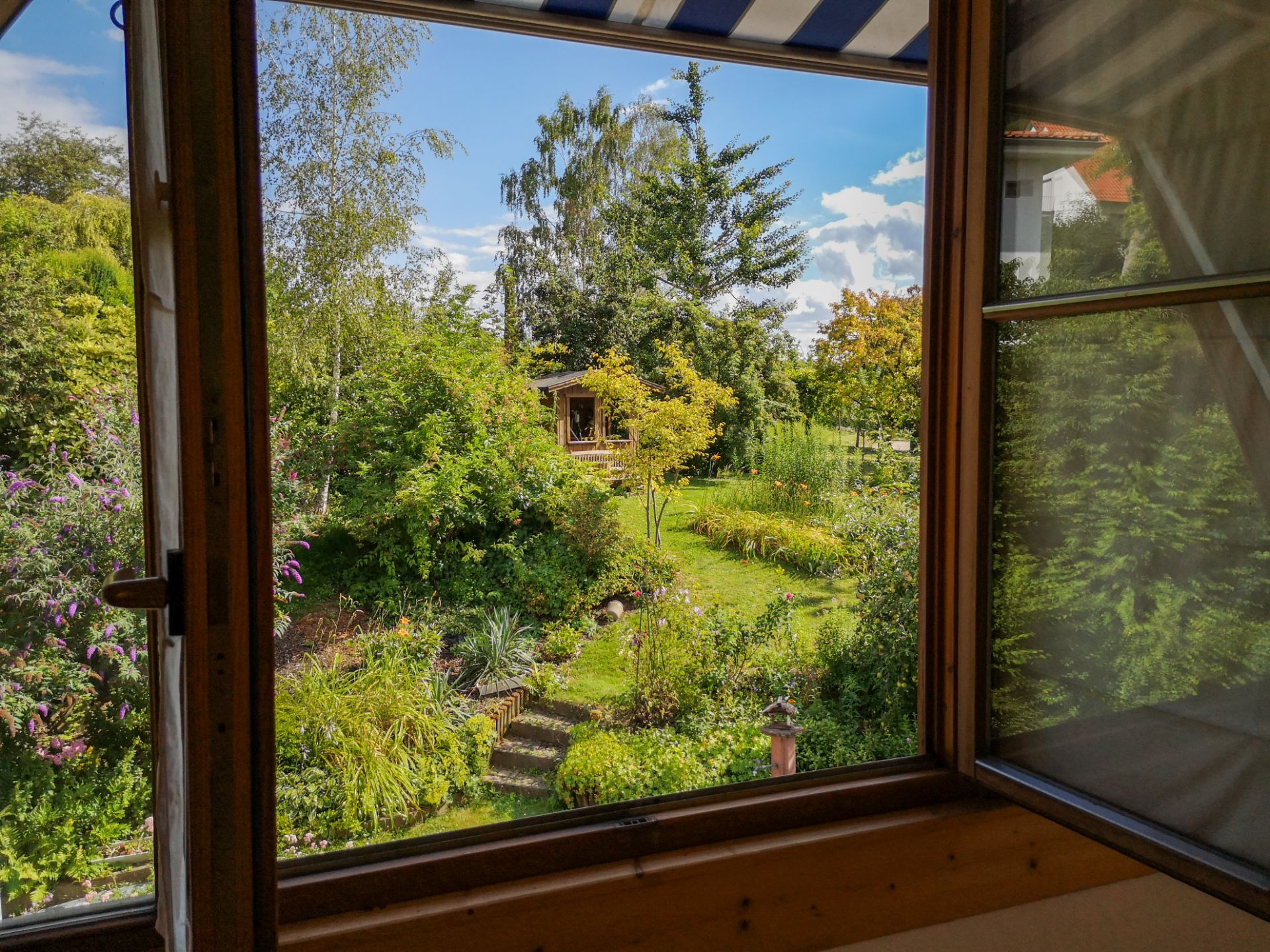 Blick aus einem offenen Fenster auf einen grünen Garten mit Bäumen und einem kleinen Holzhaus.
