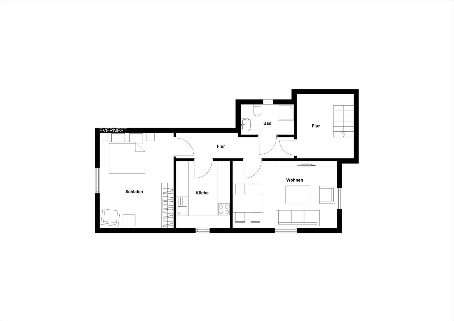 Grundriss einer Wohnung mit Schlafzimmer, Küche, Bad, Wohnzimmer und Flur.