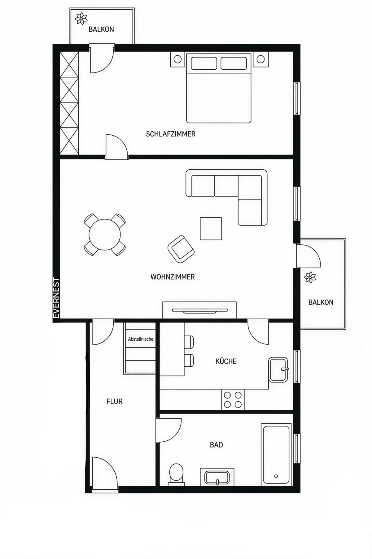 Grundriss einer Wohnung mit Schlafzimmer, Wohnzimmer, Küche, Bad, Flur und zwei Balkonen.