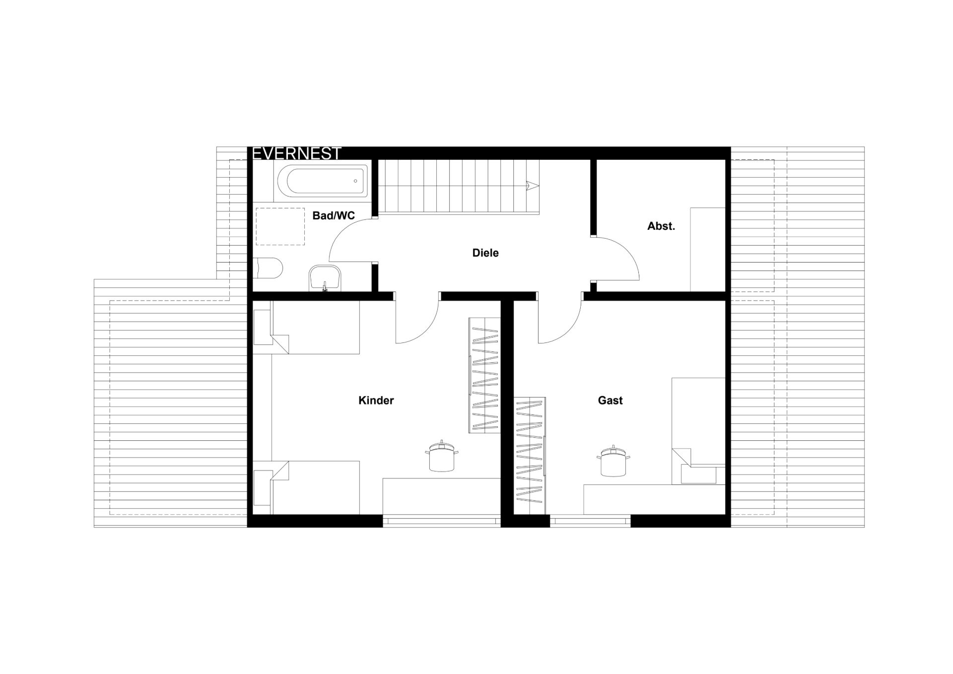 Grundriss eines Wohnbereichs mit Kinderzimmer, Gästezimmer, Bad/WC, Flur und Abstellraum.