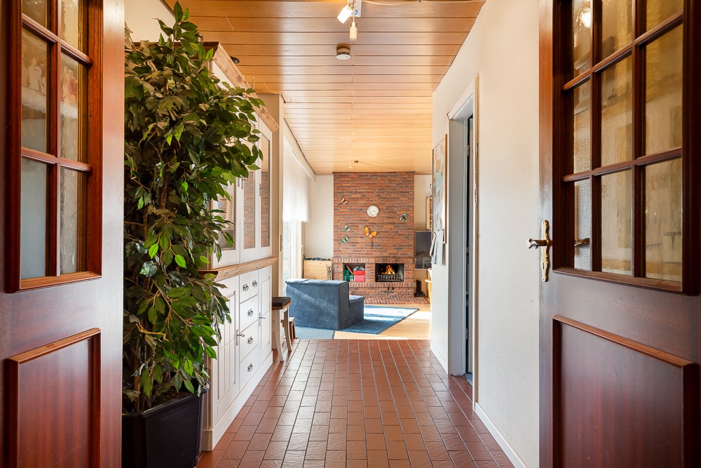Flur mit Fliesenboden, Holztüren, großer Pflanze und Blick ins Wohnzimmer mit Kamin.