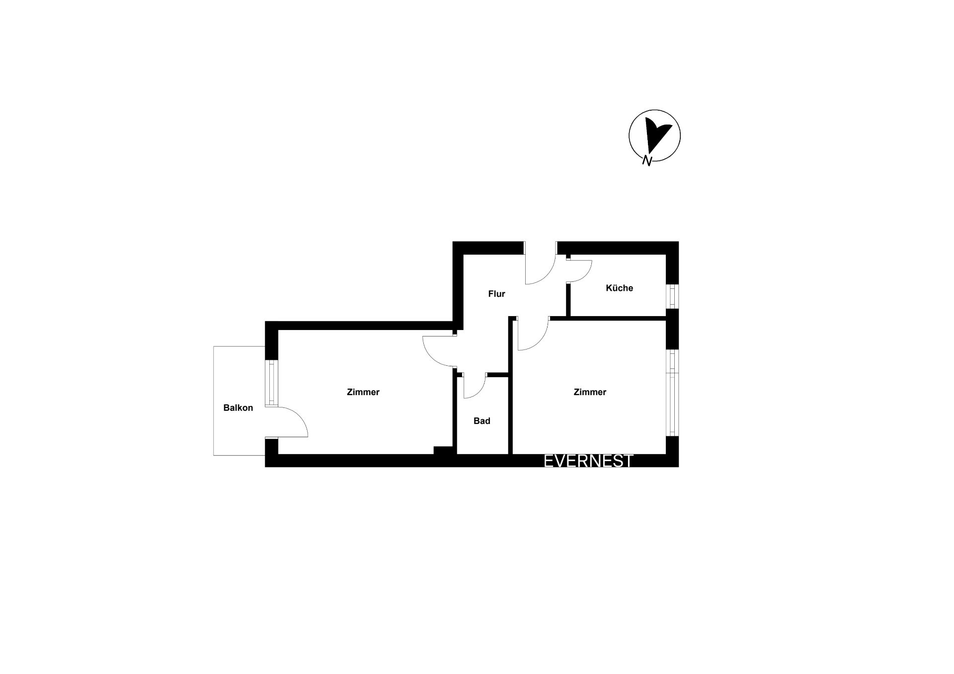 Grundriss einer Wohnung mit zwei Zimmern, Küche, Bad, Flur und Balkon.