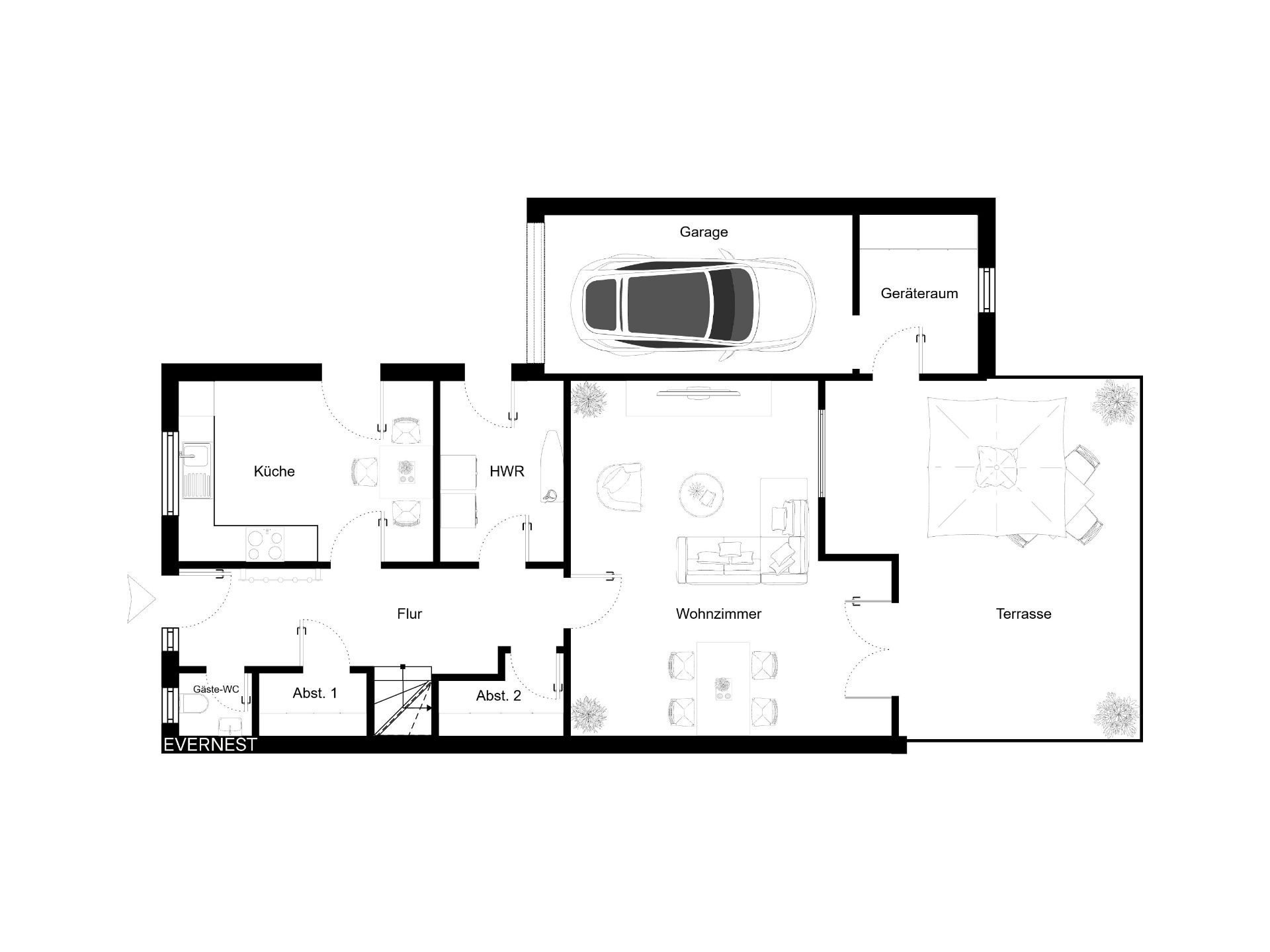 Grundriss eines Hauses mit Garage, Wohnzimmer, Küche, Flur, WC, Abstellräumen und Terrasse.