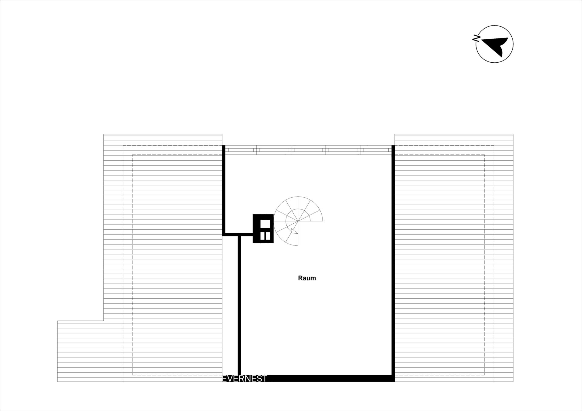 Grundriss mit rechteckigem Raum, Wendeltreppe und Terrasse auf beiden Seiten.