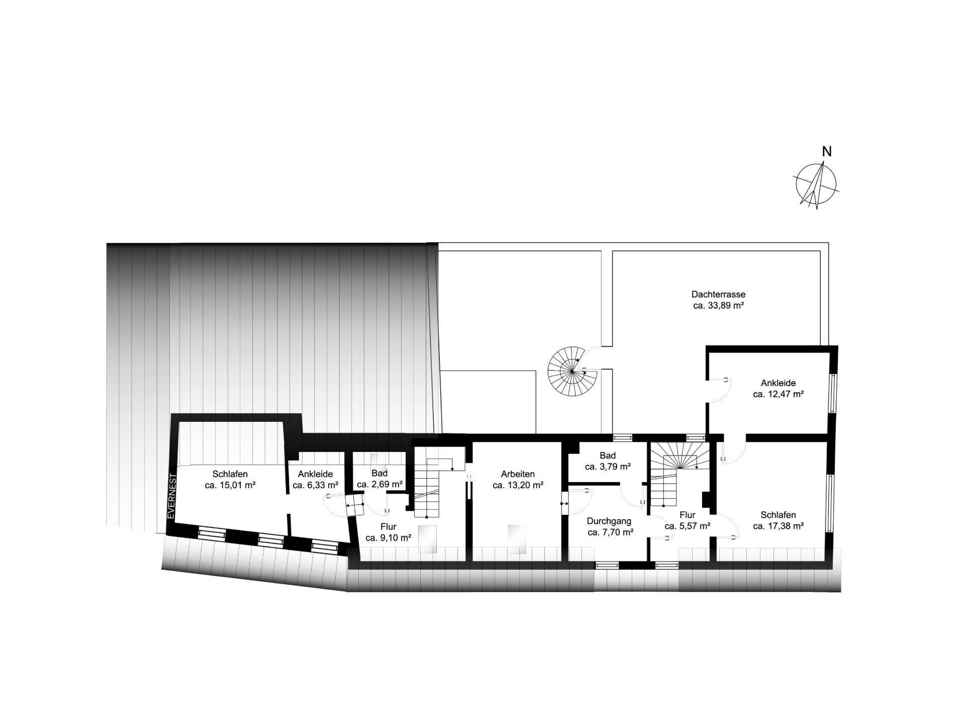 Grundriss einer Wohnungsetage mit Schlafzimmern, Bädern, Fluren und großer Dachterrasse.