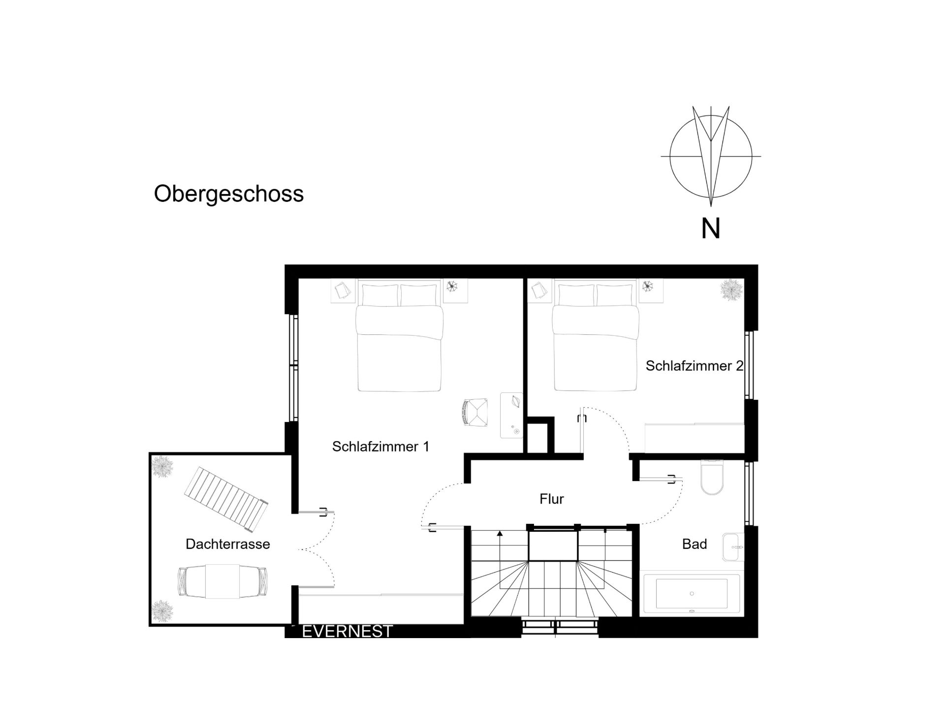 Grundriss des Obergeschosses mit zwei Schlafzimmern, Bad, Flur und Dachterrasse.