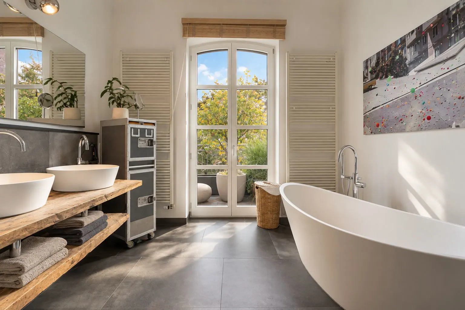 Modernes Badezimmer mit freistehender Badewanne, Doppelwaschbecken und großem Fenster.