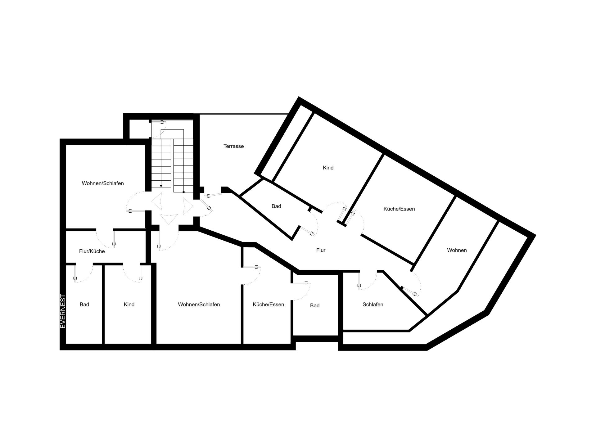 Grundriss einer Wohnung mit mehreren Zimmern, Bädern, Küchenbereichen und einer Terrasse.