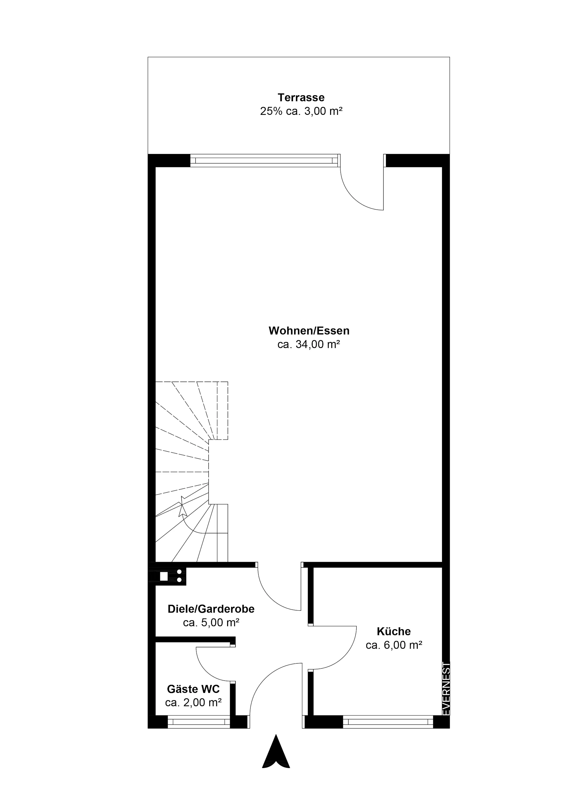 Grundriss mit Terrasse, Wohn-/Esszimmer, Küche, Flur, Gäste-WC und Garderobe.