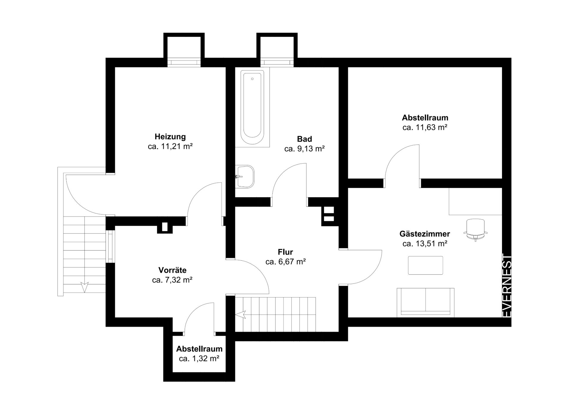 Grundriss eines Kellers mit Heizungsraum, Bad, Vorrats- und Abstellräumen sowie Gästezimmer.