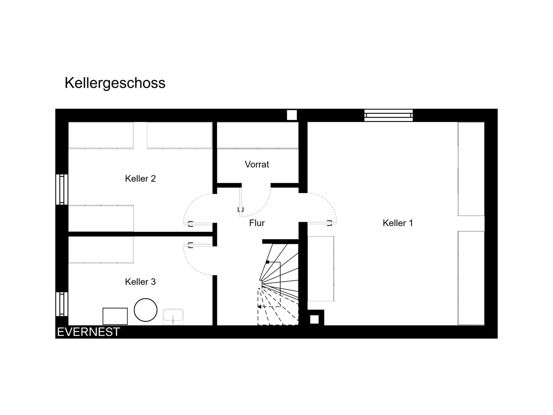 Grundriss des Kellergeschosses mit drei Kellerräumen, Vorratsraum, Flur und Treppe.