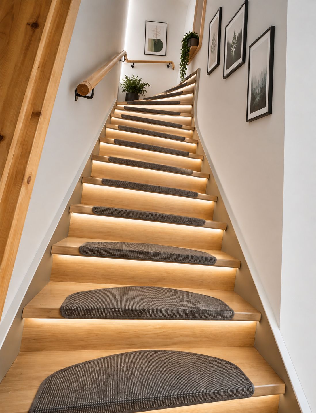 Holztreppe mit Teppichstufen, LED-Beleuchtung und gerahmten Bildern an der weißen Wand.