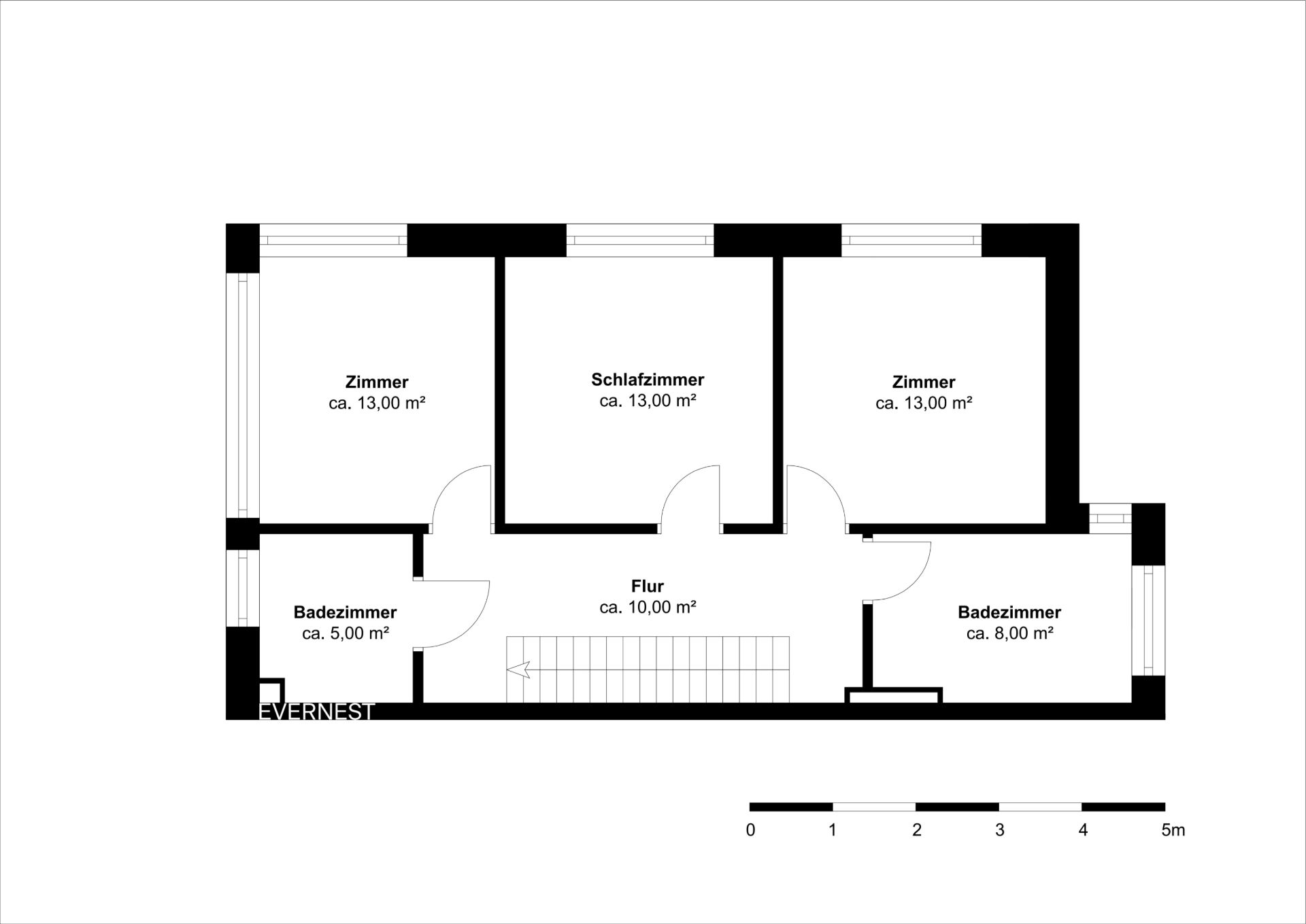 Grundriss mit Flur, zwei Zimmern, Schlafzimmer und zwei Bädern, Flächengrößen sind angegeben.