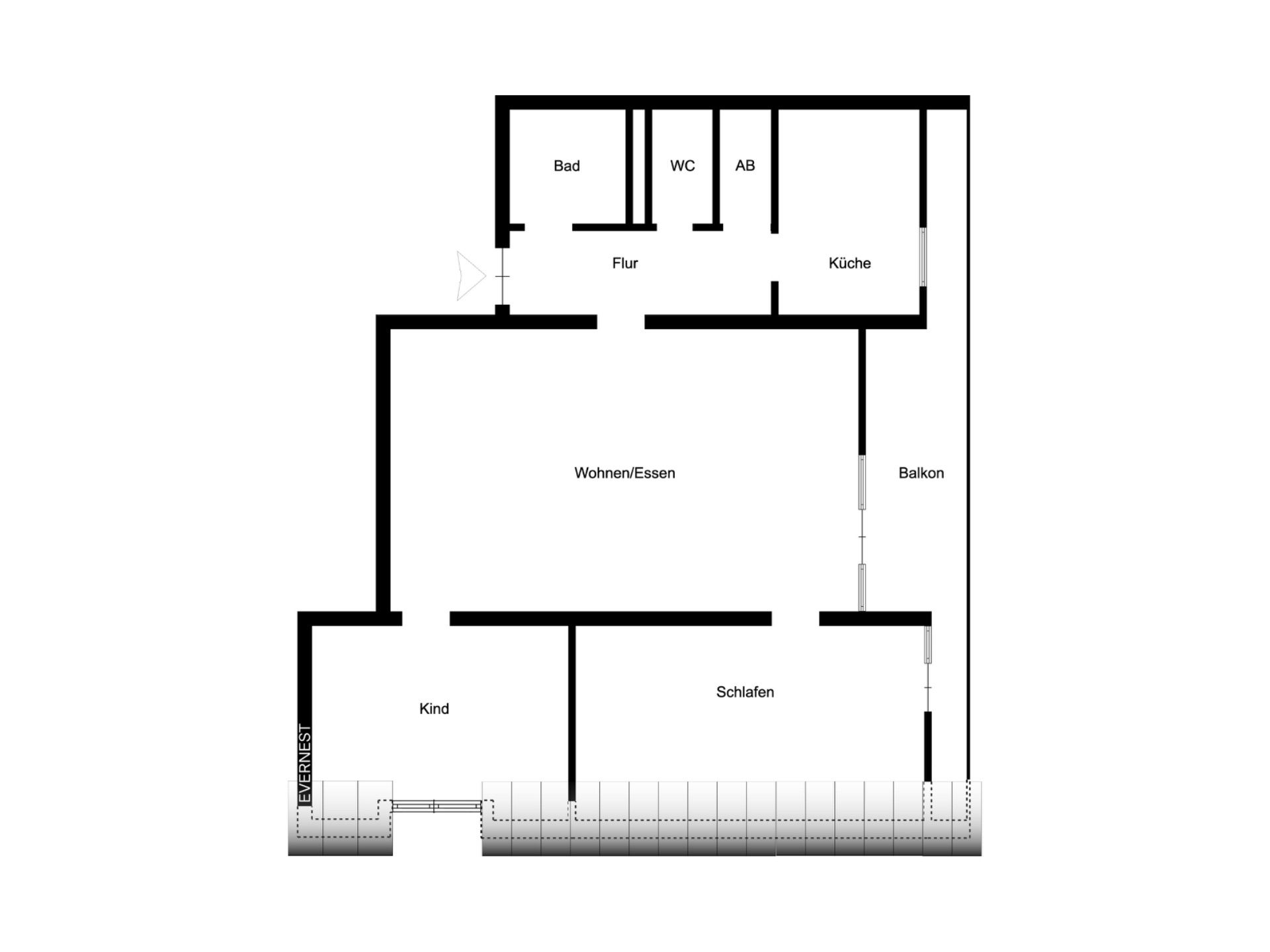 Grundriss einer Wohnung mit Bad, WC, Abstellraum, Küche, Wohnzimmer, Balkon, Schlaf- und Kinderzimmer.