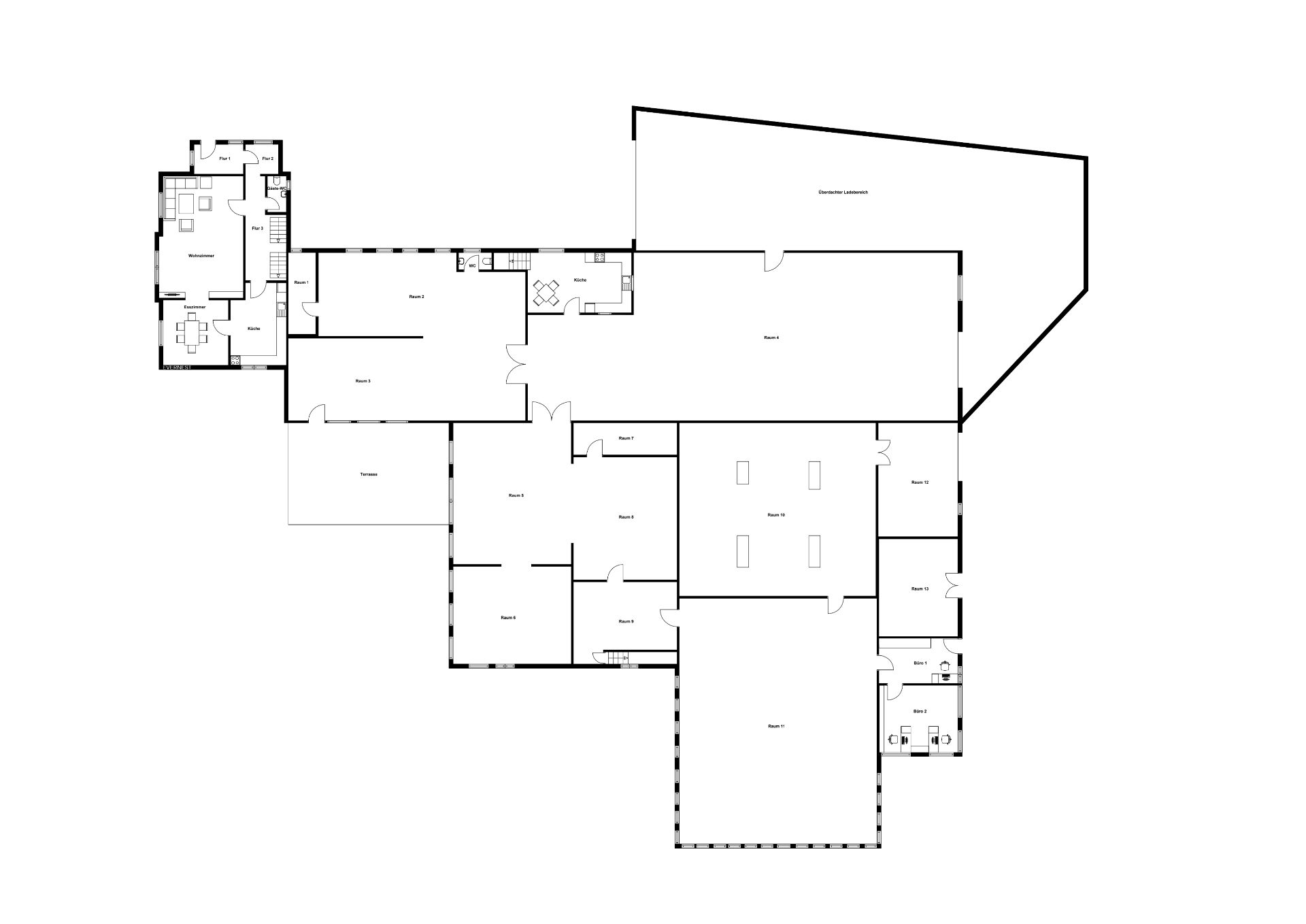 Grundriss eines Wohngebäudes mit mehreren Zimmern, Bädern und offenen Bereichen.