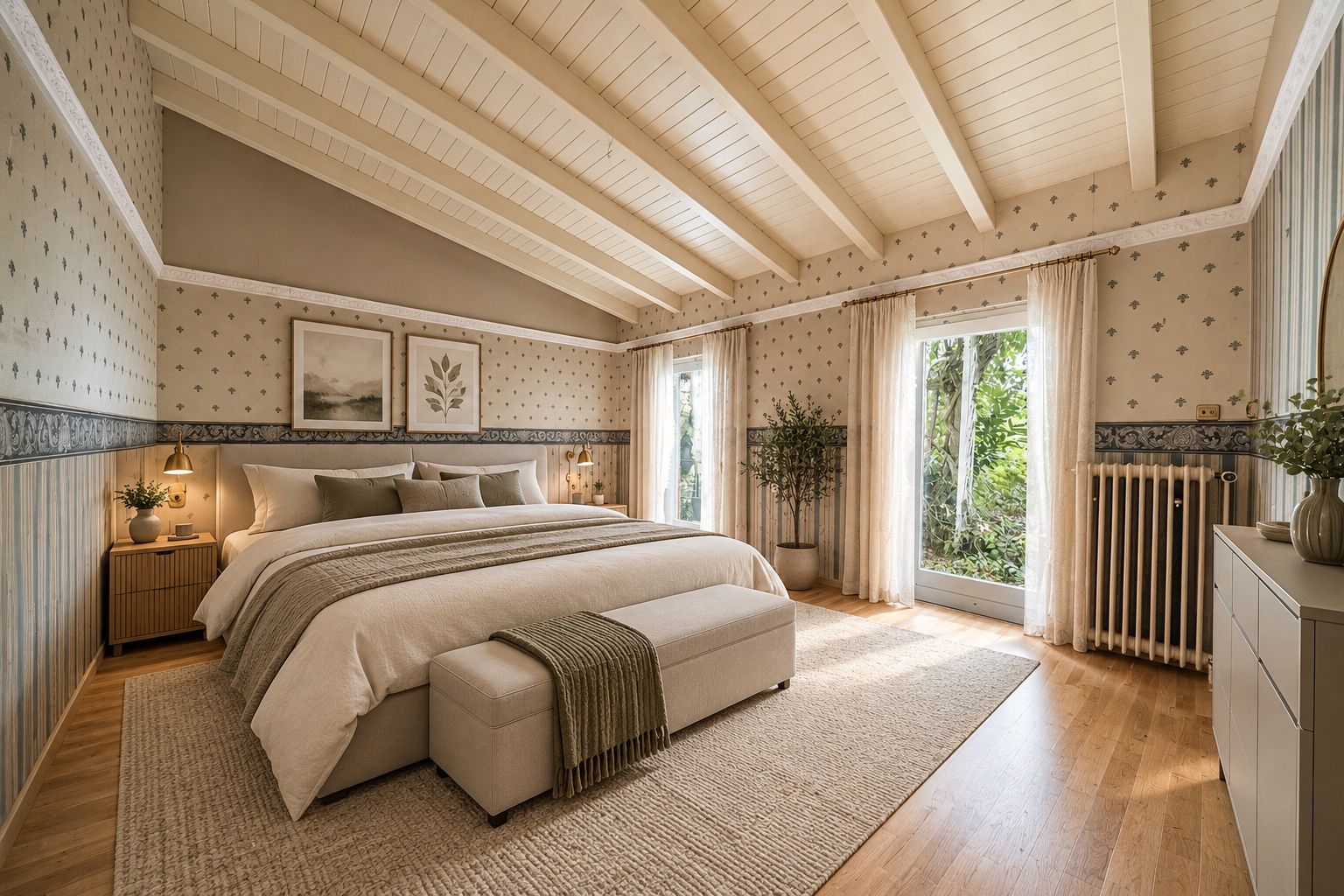 Helles Schlafzimmer mit Doppelbett, Holzdecke, großem Fenster und gemütlicher Einrichtung.