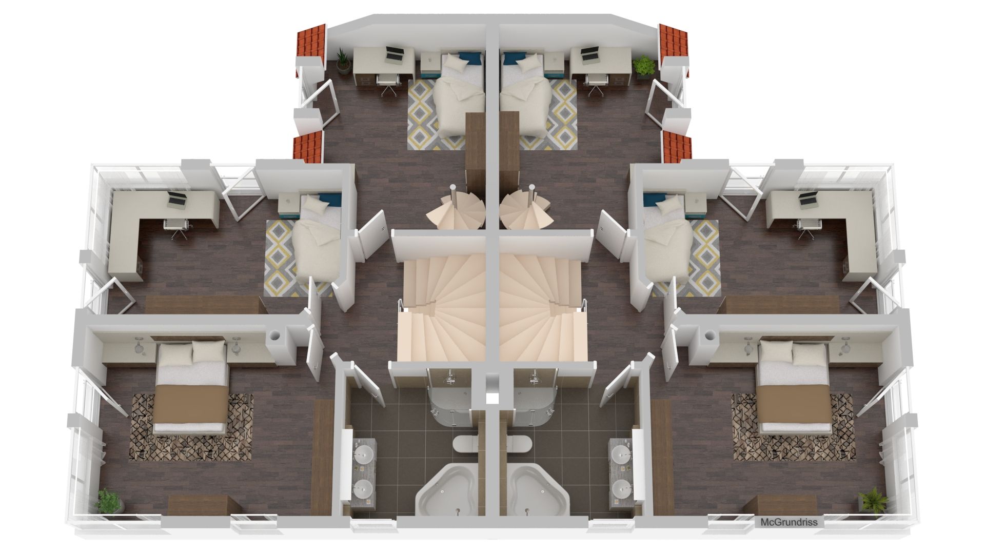 Grundriss mit vier Schlafzimmern, zwei Bädern und zentraler Treppe.