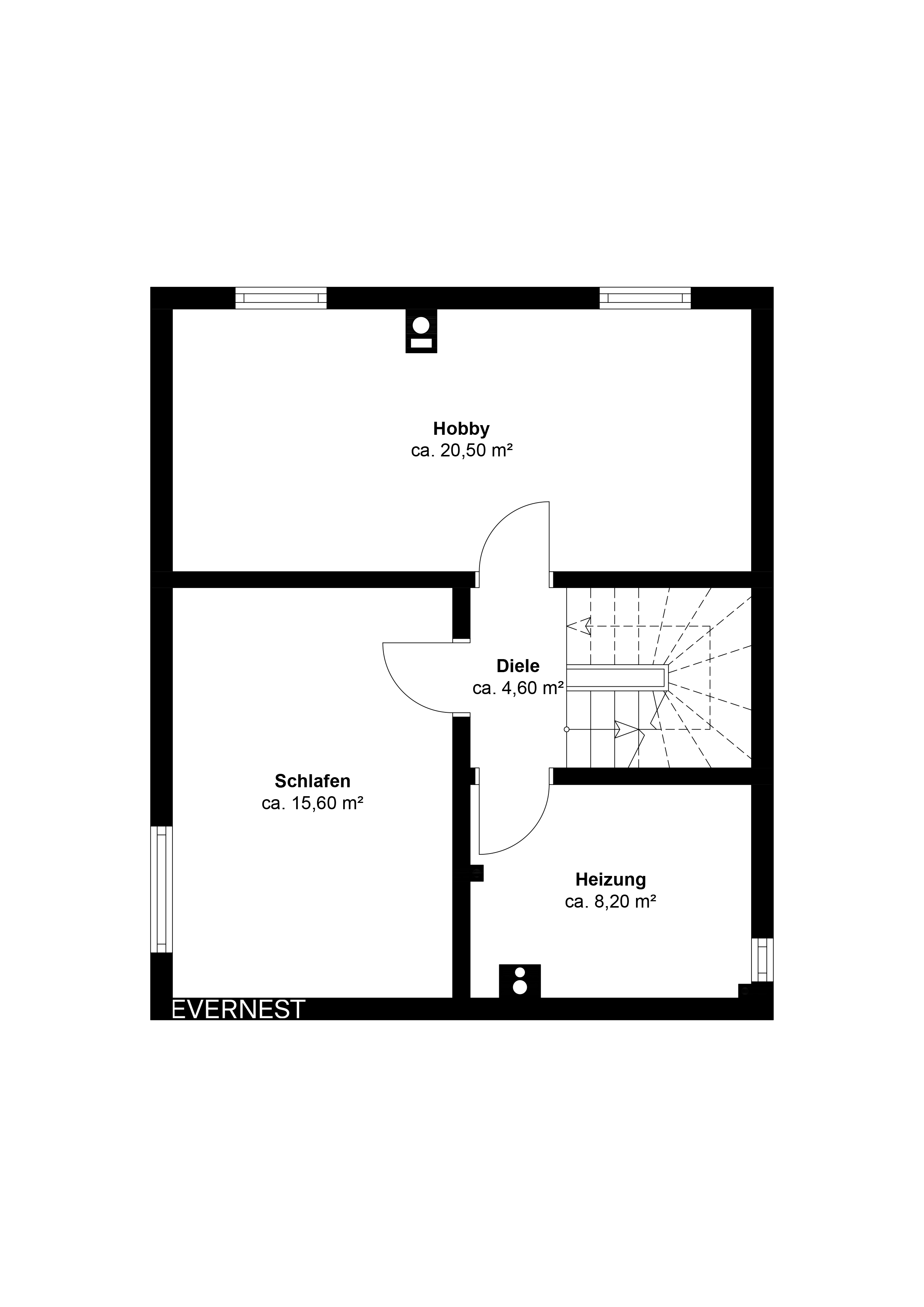 Grundriss mit Hobbyraum, Schlafzimmer, Heizungsraum und Diele.