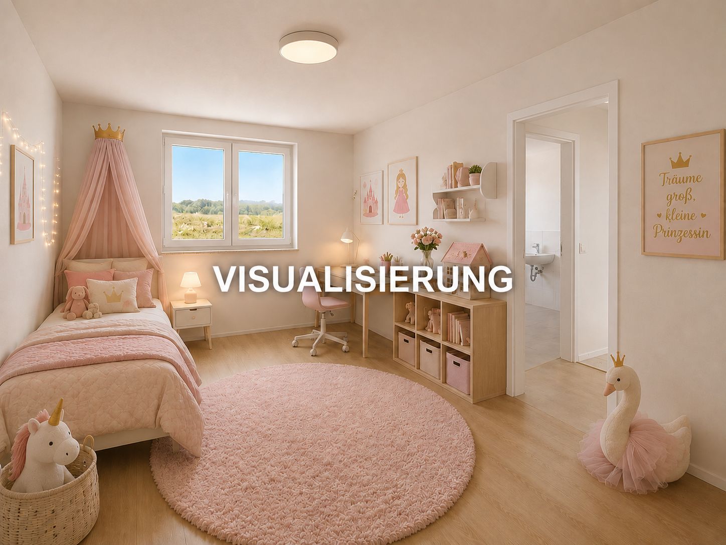 Helles Kinderzimmer mit rosa Dekoration, Bett, Schreibtisch, Regal und rundem Teppich.