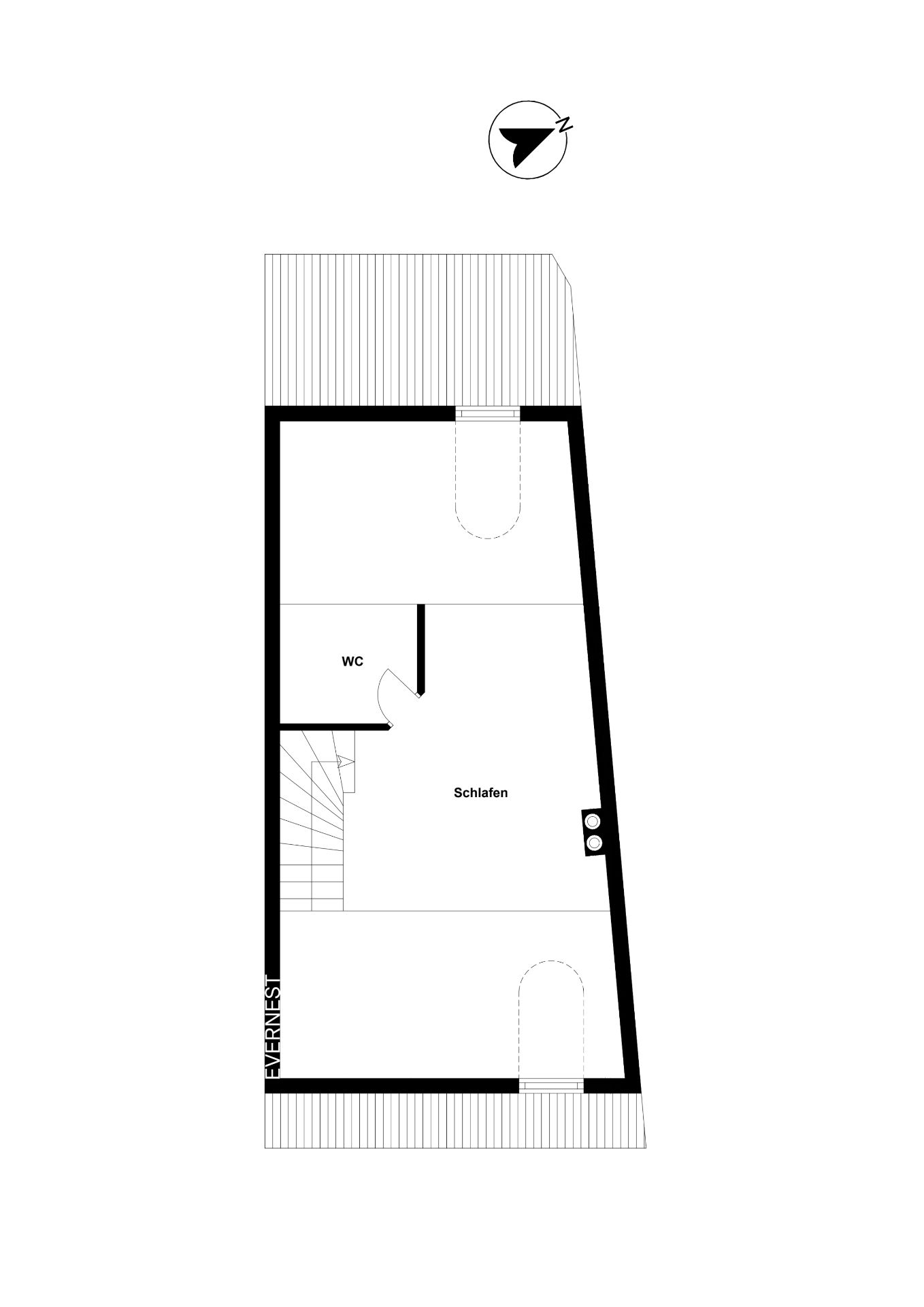Grundriss mit Schlafzimmer, WC und Treppe auf einer Etage.