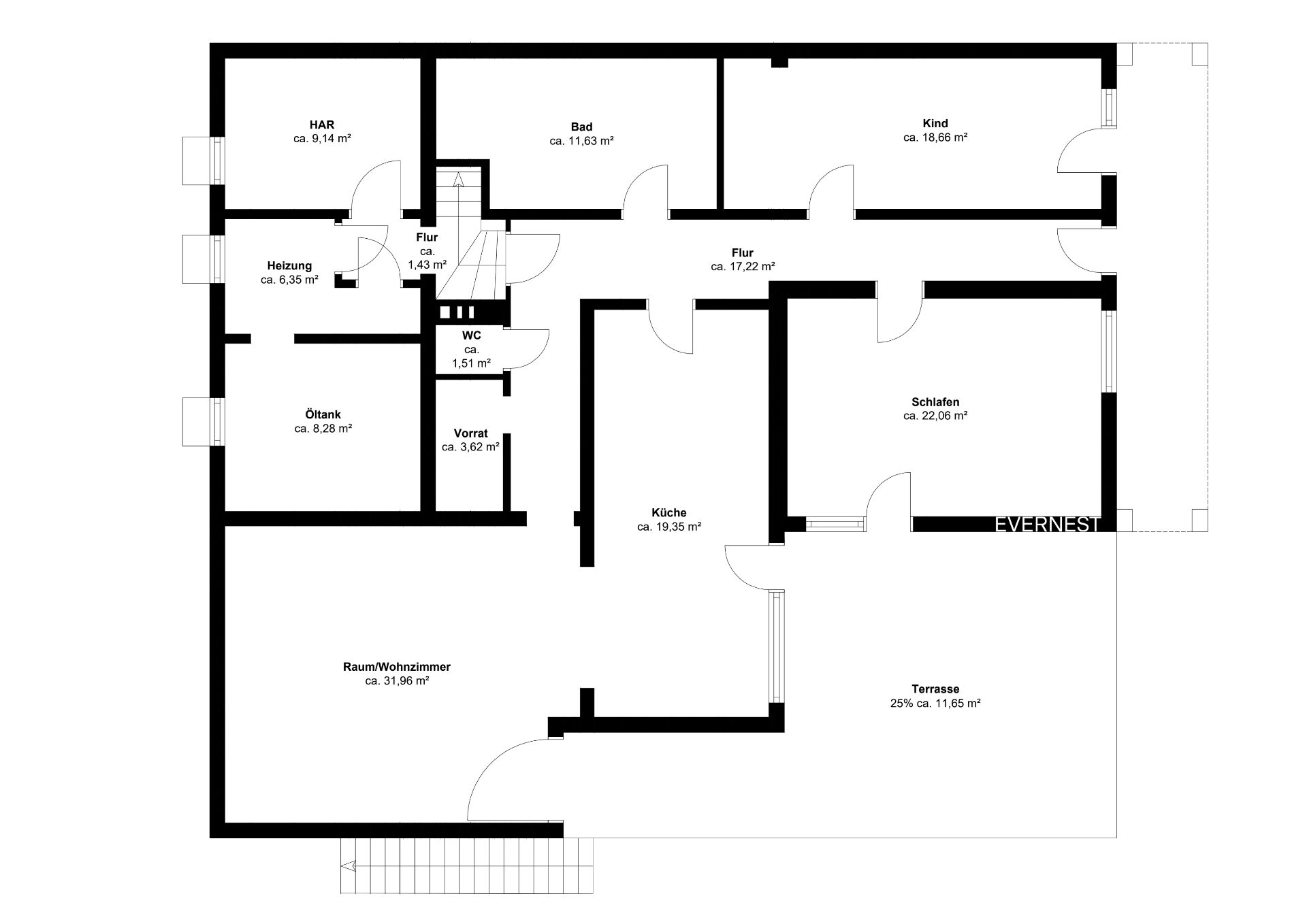 Grundriss einer Wohnung mit mehreren Zimmern, Küche, Bad, Wohnzimmer und Terrasse.