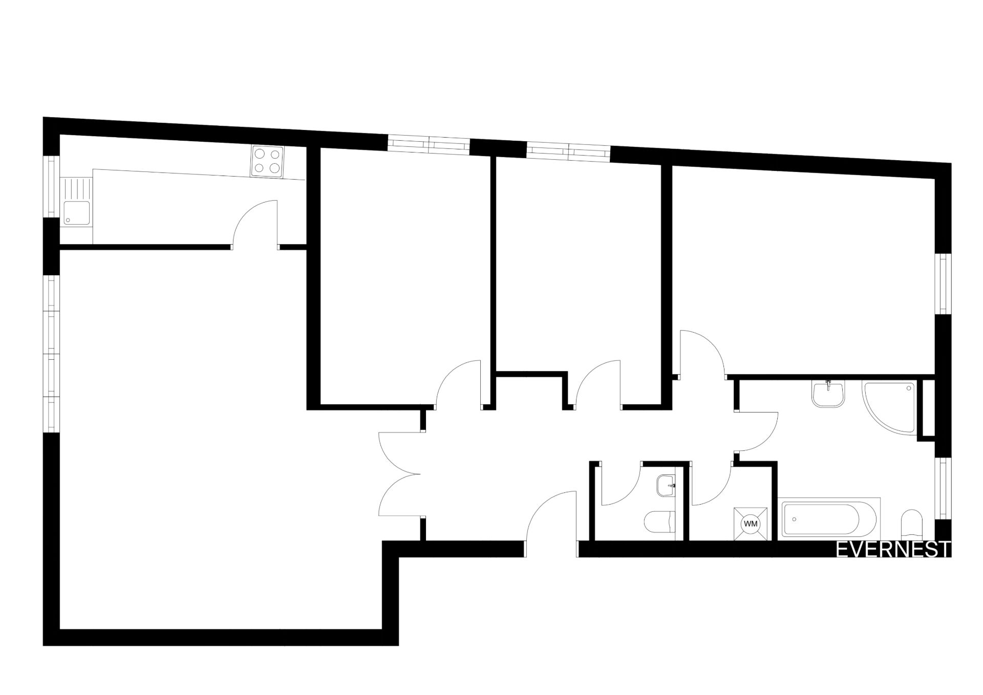 Grundriss einer Wohnung mit drei Zimmern, Küche und Badezimmer.