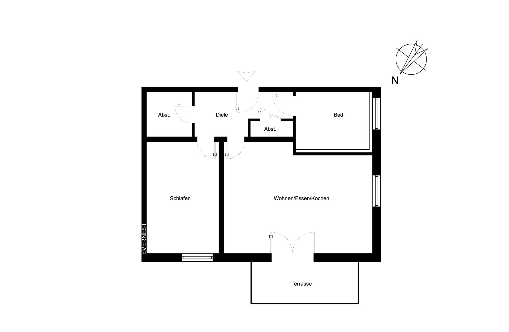 Grundriss einer Wohnung mit Schlafzimmer, Bad, Abstellräumen, Wohnbereich und Terrasse.