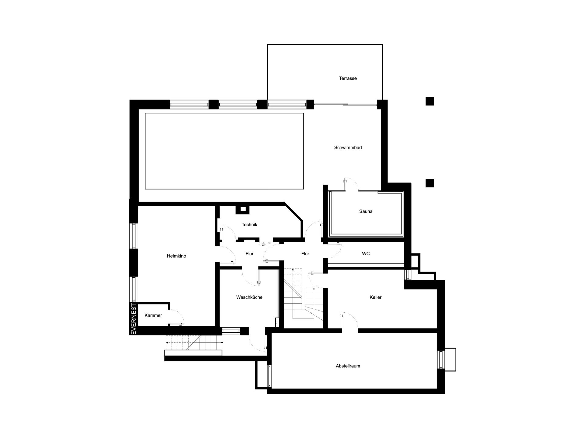 Grundriss mit Schwimmbad, Sauna, Terrasse, Waschküche, Abstellraum und weiteren Räumen.