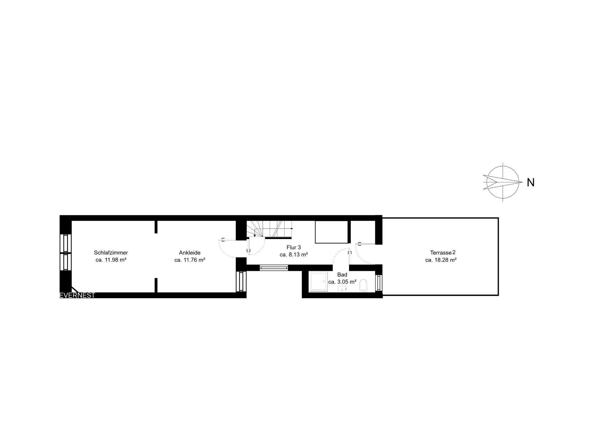 Grundriss mit Schlafzimmer, Ankleide, Flur, Bad und Terrasse, Flächenangaben in Quadratmetern.