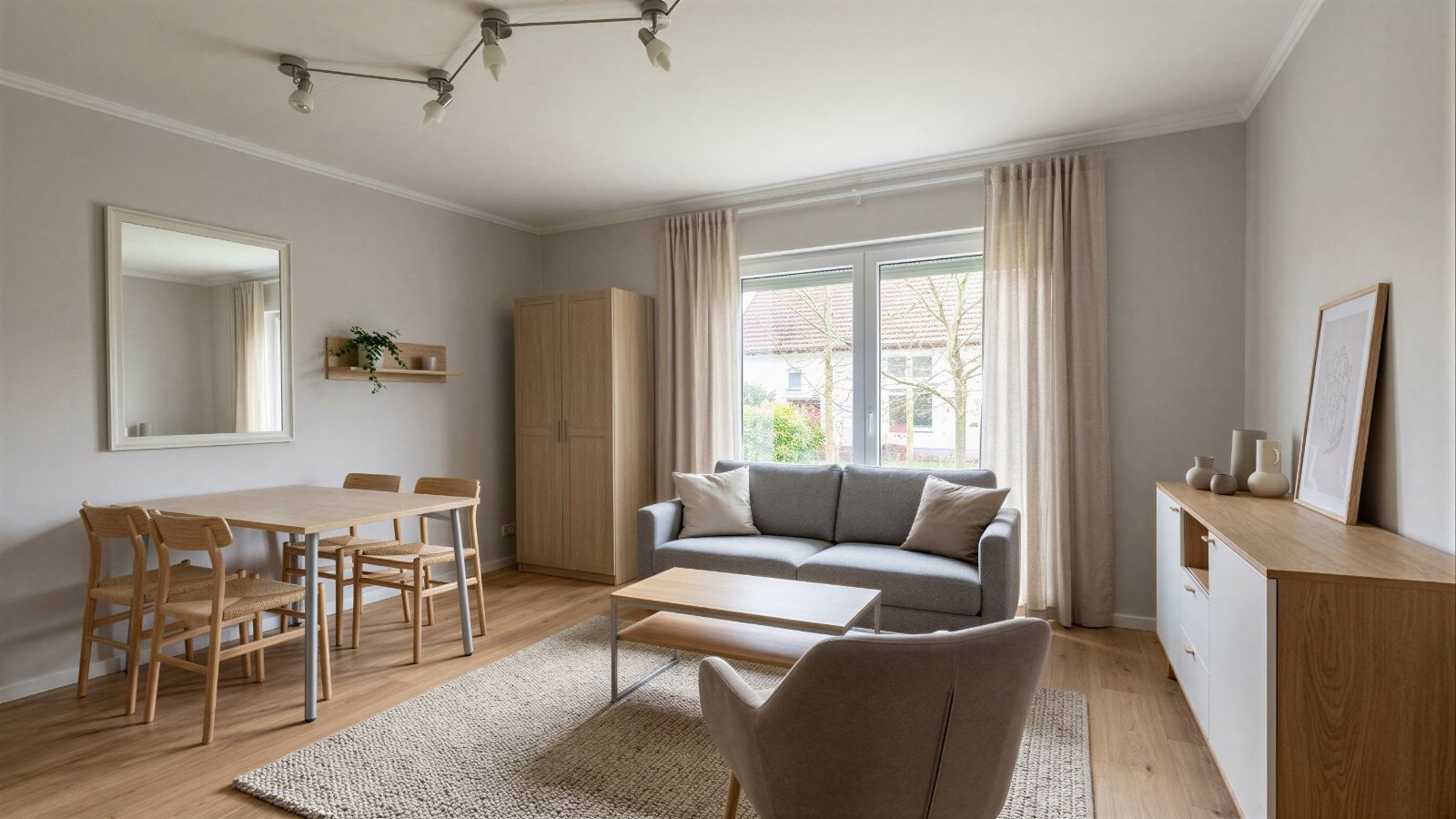 Helles Wohnzimmer mit Sofa, Sessel, Esstisch, Schrank und großen Fenstern mit Vorhängen.