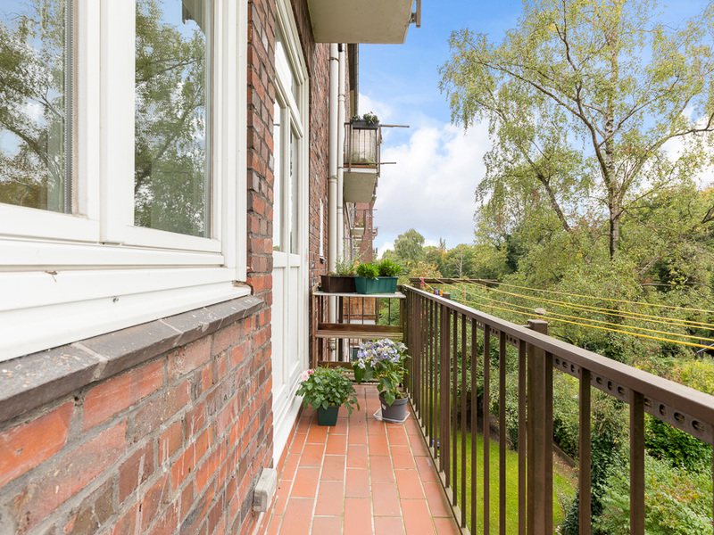 Schmaler Balkon mit Pflanzen, braunem Geländer und Blick auf Bäume und Wiese.