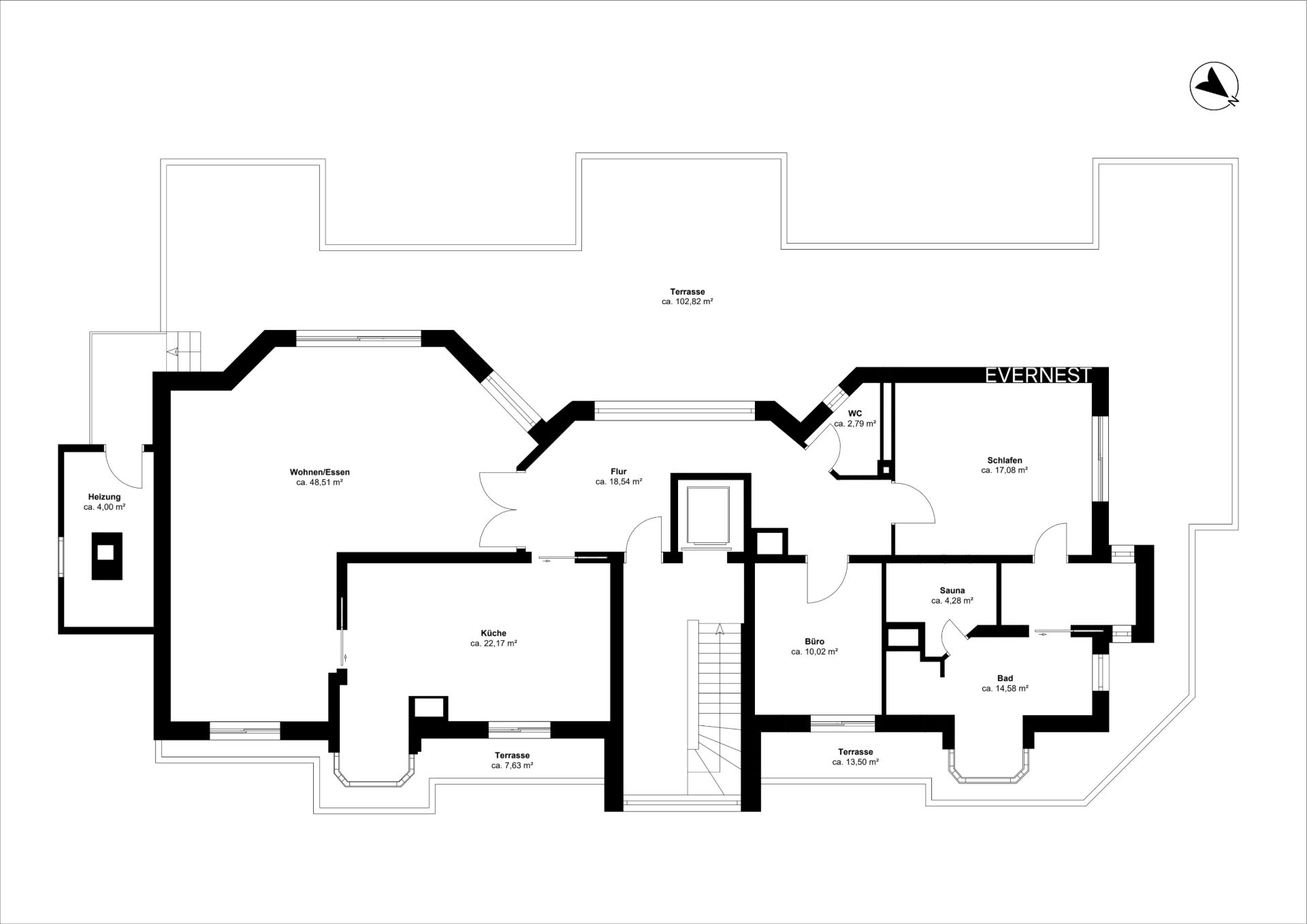 Grundriss einer Wohnung mit Terrasse, Wohnzimmer, Küche, Bad, Büro, Schlafzimmer, Sauna und Flur.