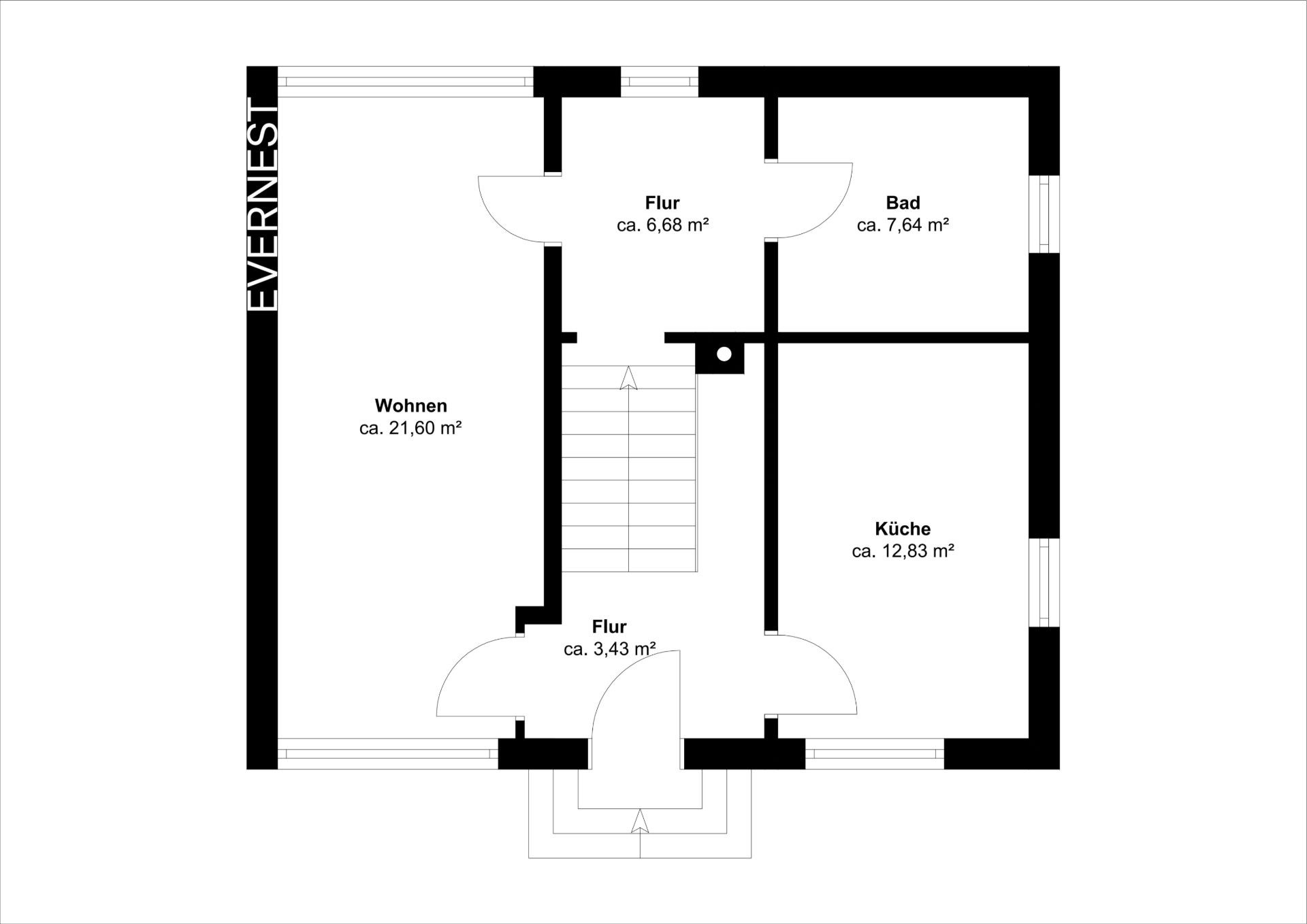 Grundriss mit Wohnzimmer, Küche, Bad und zwei Fluren, Flächenangaben in Quadratmetern.