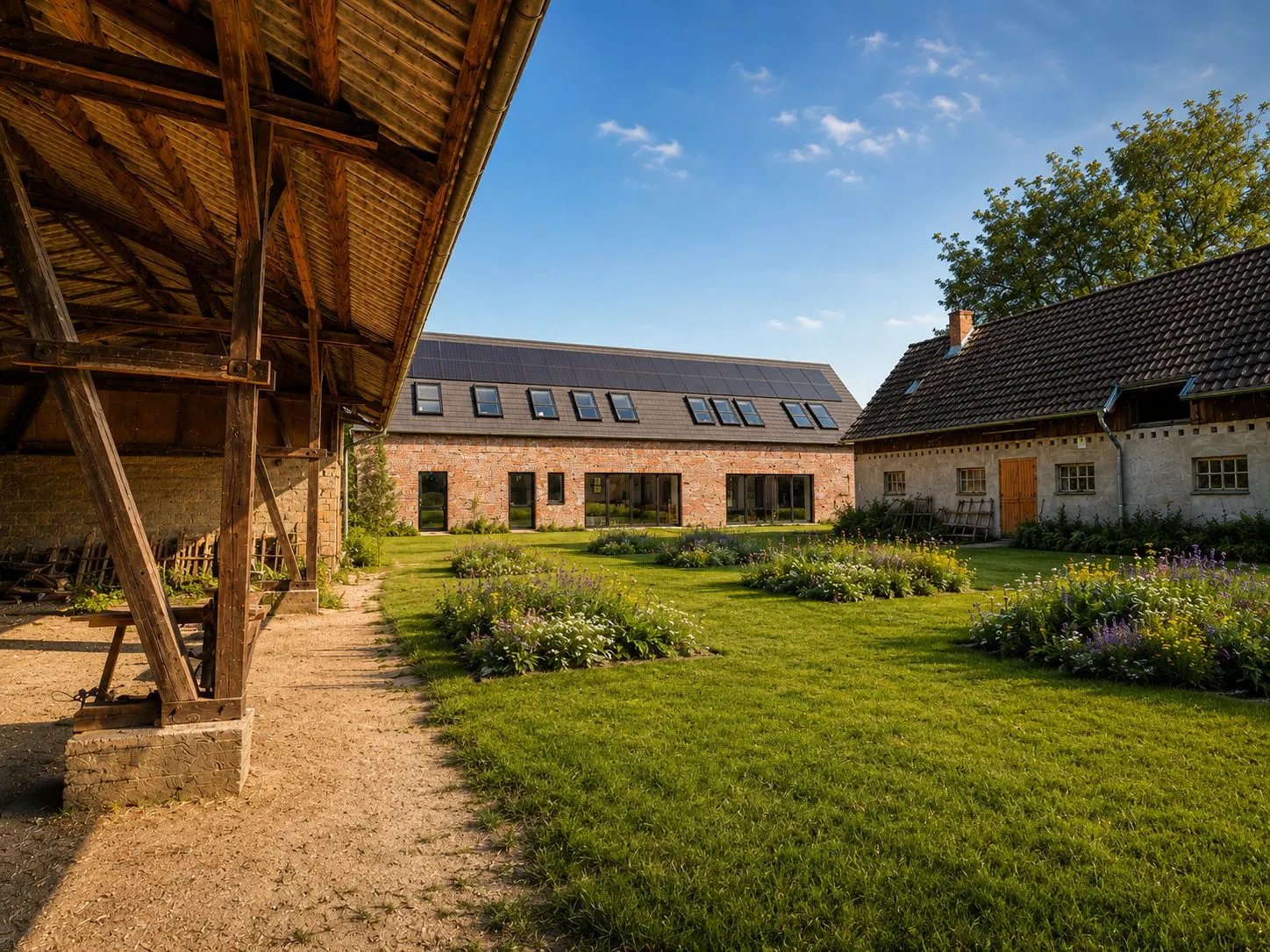 Innenhof mit Rasenfläche, Blumenbeeten und drei Gebäuden mit Ziegeldach.
