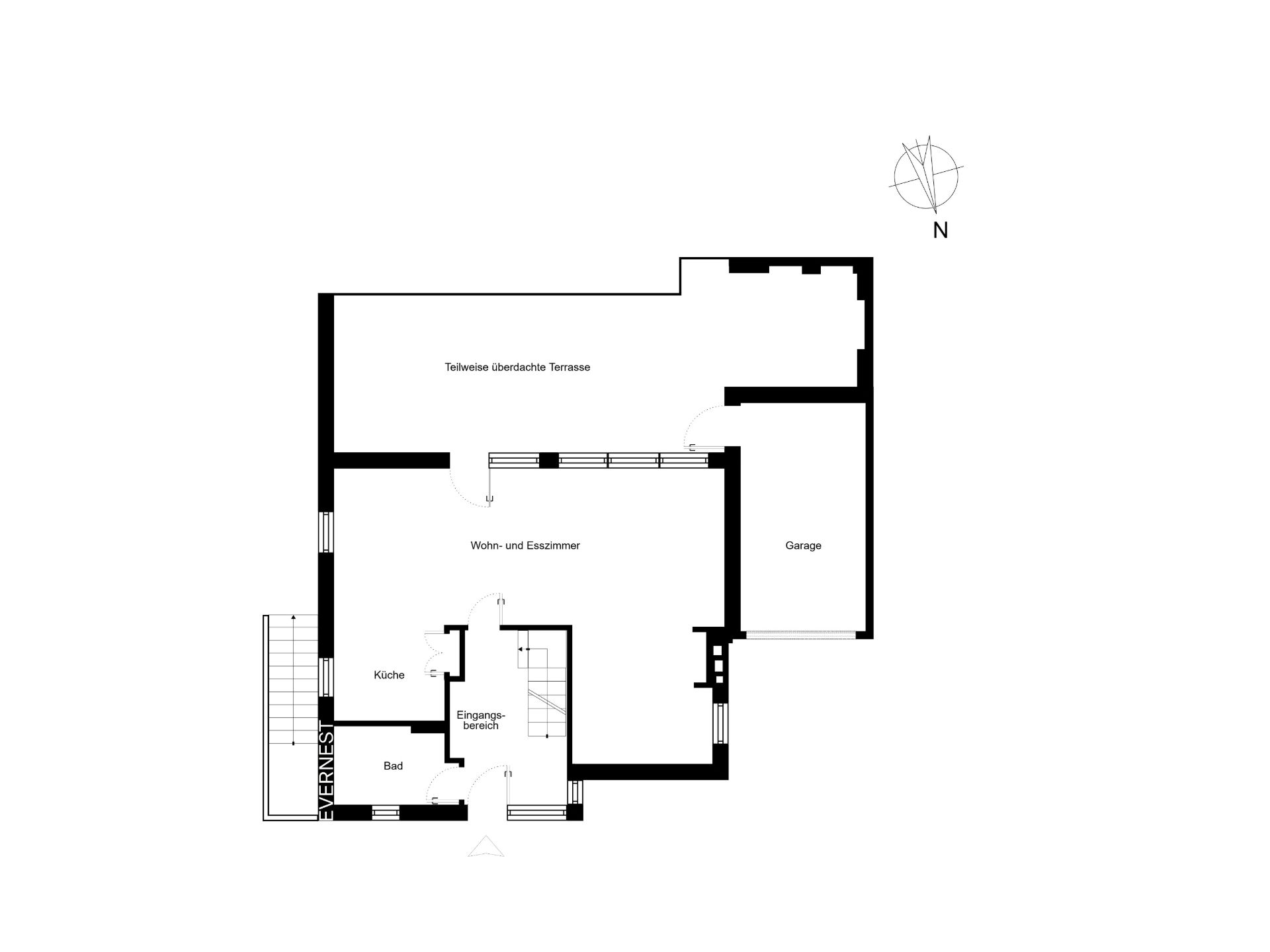 Grundriss eines Wohnhauses mit Garage, Terrasse, Wohnzimmer, Küche, Bad und Eingangsbereich.