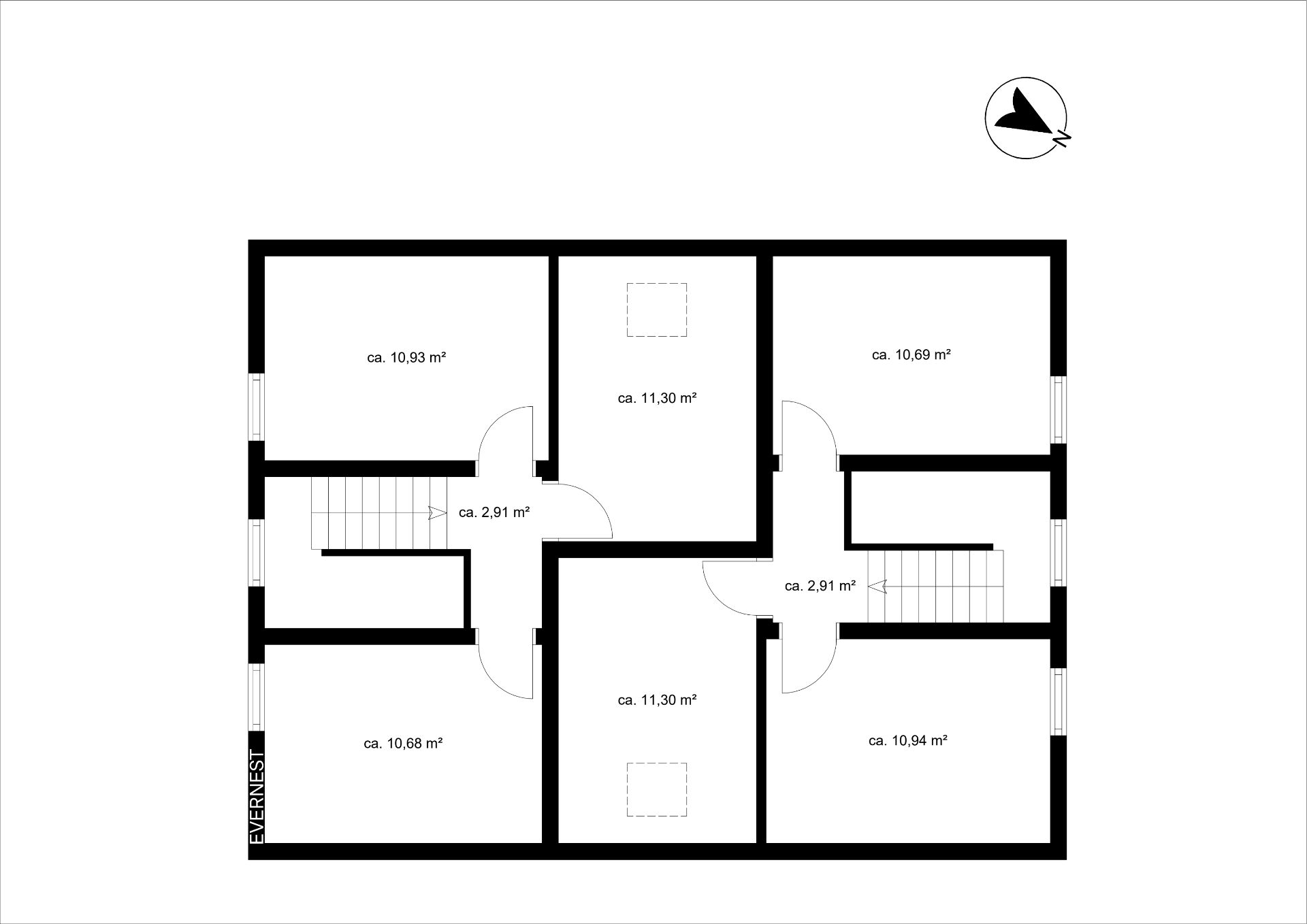 Grundriss mit sechs Zimmern, Fluren und Treppen, Flächenangaben in Quadratmetern.