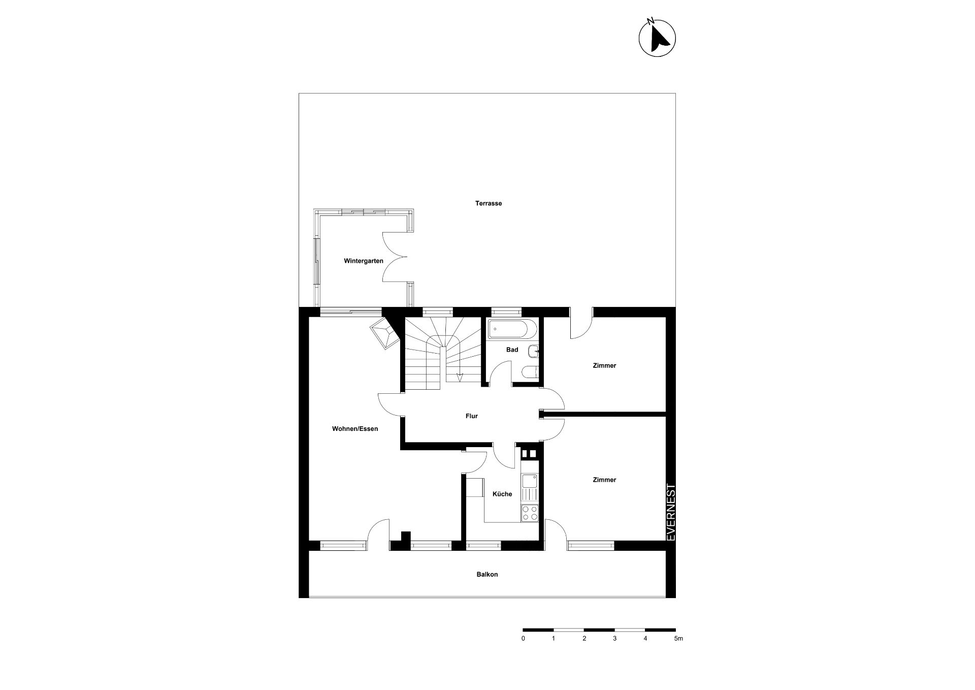 Grundriss mit Wohn-/Esszimmer, Küche, Bad, zwei Zimmern, Wintergarten, Terrasse und Balkon.
