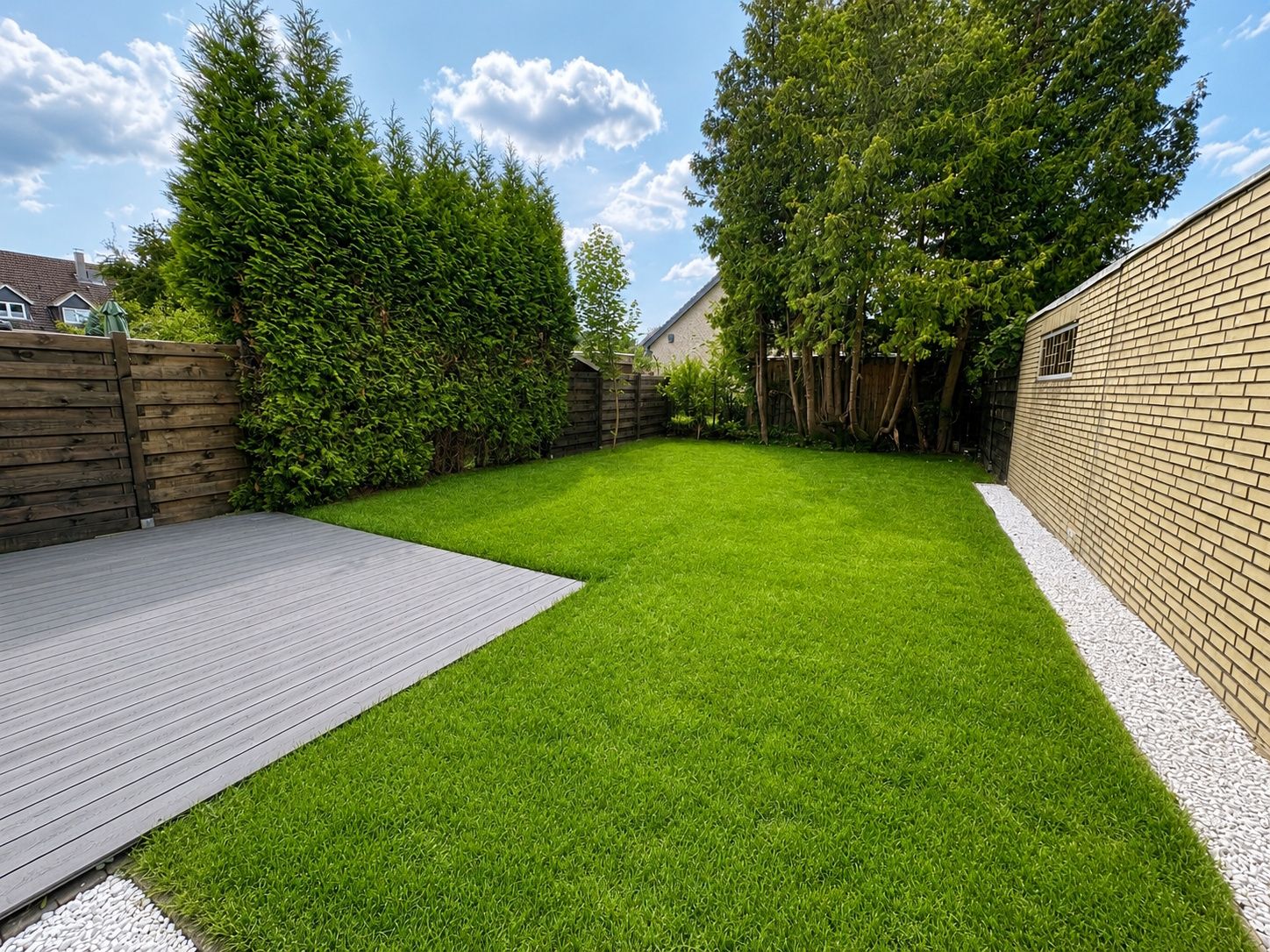 Garten mit grünem Rasen, Holzzaun, Holzterrasse und Bäumen am Rand.