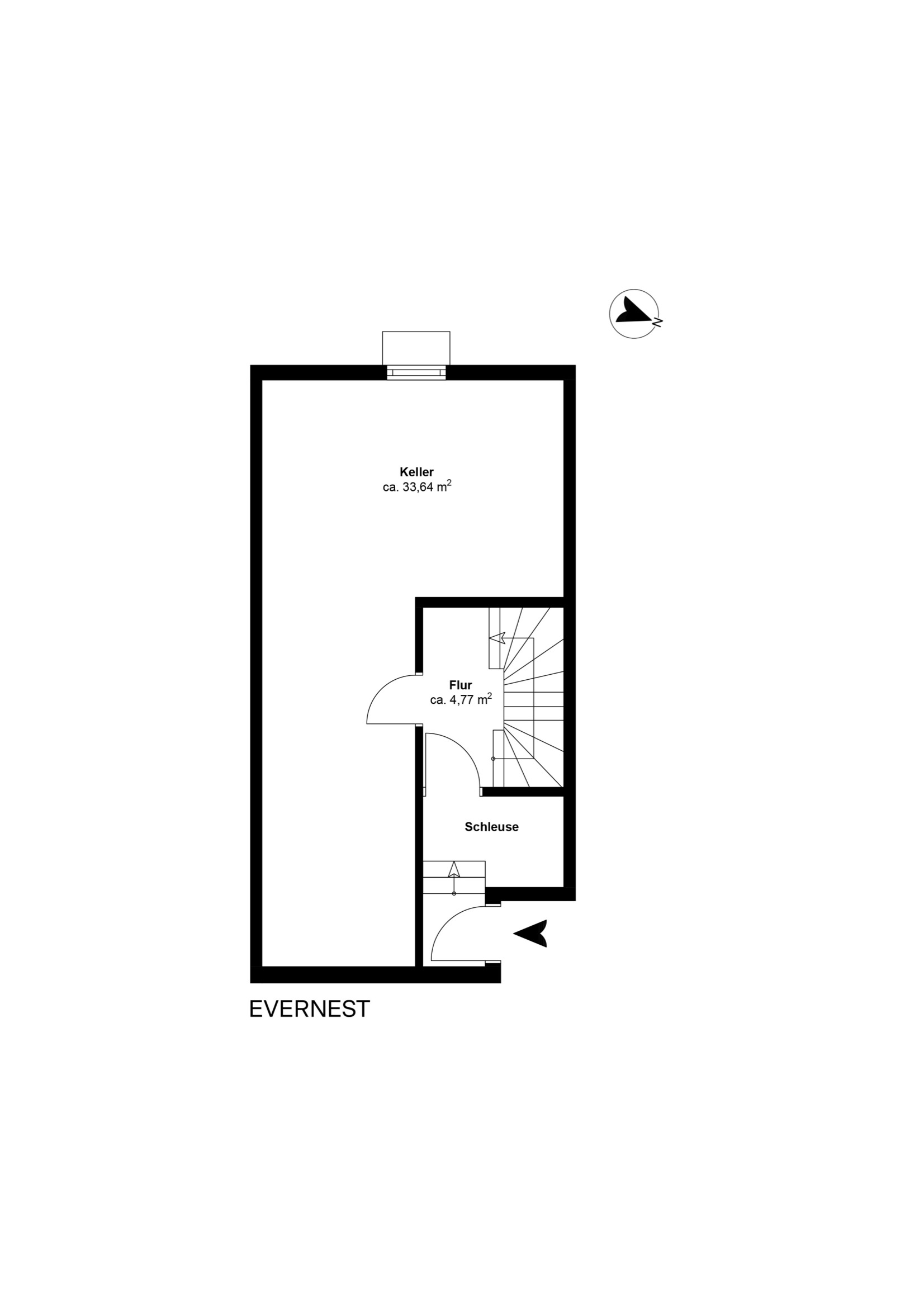 Grundriss eines Kellers mit Flur und Schleuse, Flächenangaben in Quadratmetern.