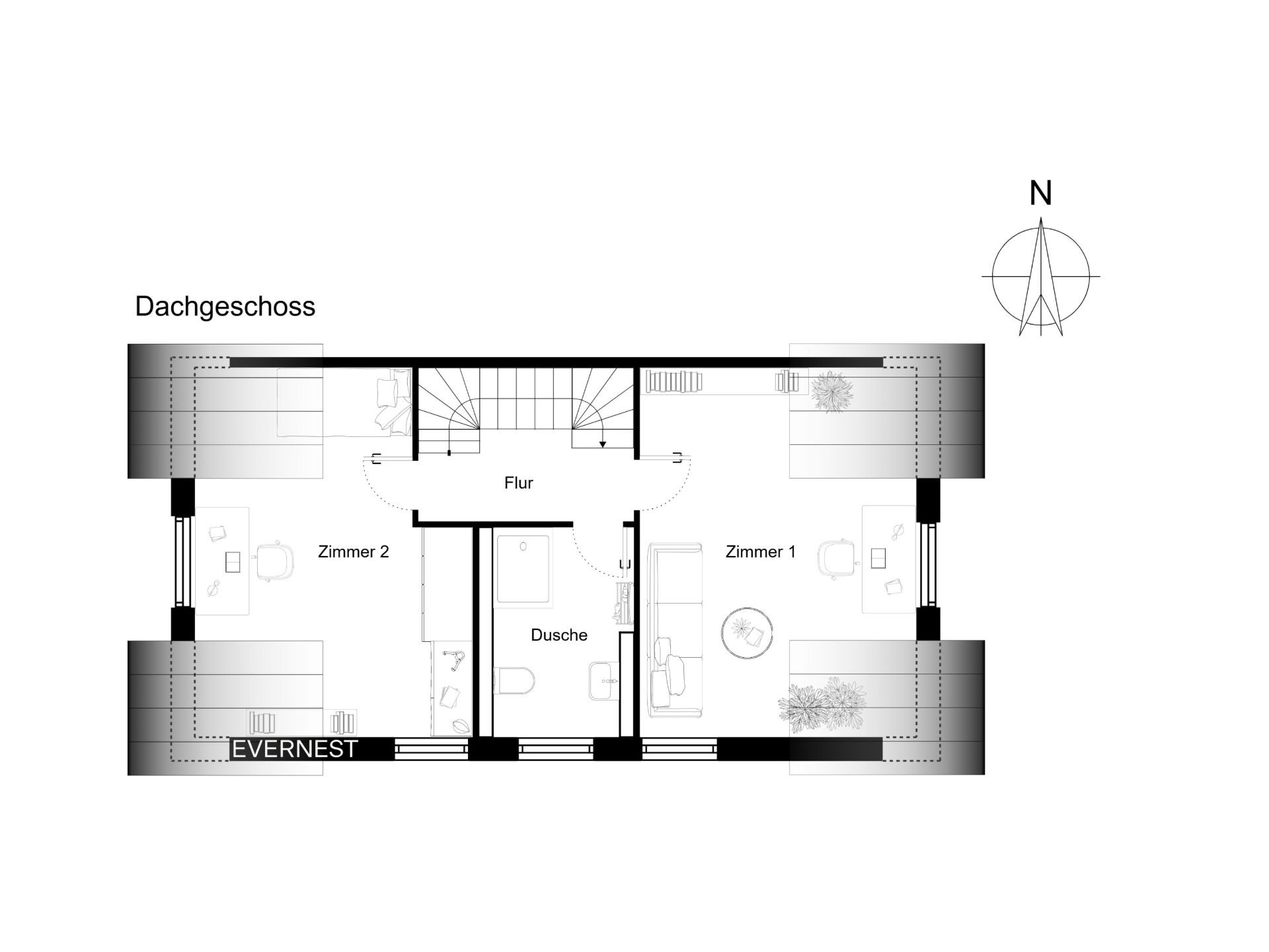 Grundriss eines Dachgeschosses mit zwei Zimmern, Flur und Duschbad.