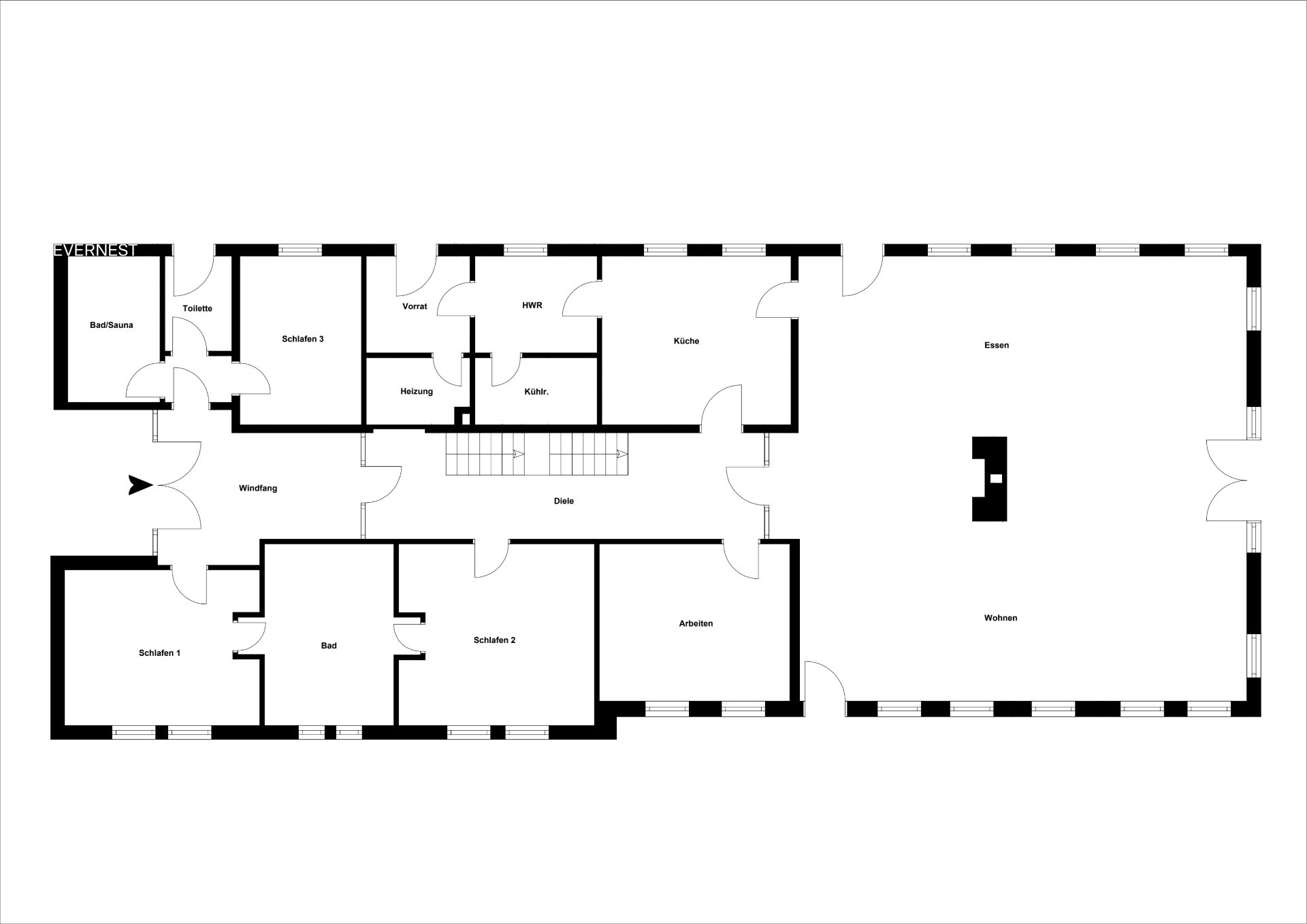 Grundriss einer Wohnung mit mehreren Zimmern, Küche, Bad, Wohn- und Essbereich.