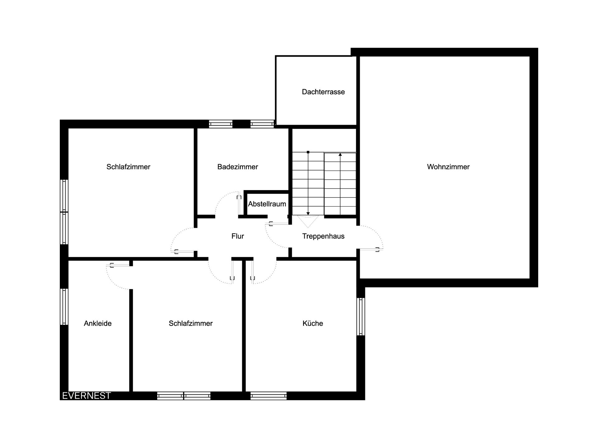 Grundriss mit Wohnzimmer, Küche, zwei Schlafzimmern, Ankleide, Bad, Abstellraum und Dachterrasse.
